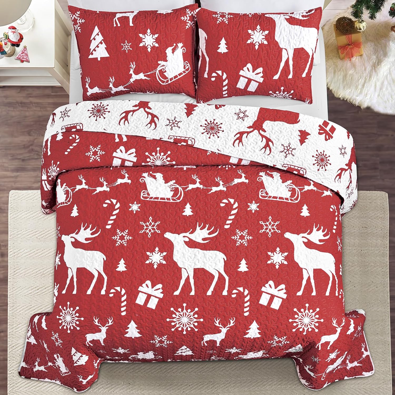Mocaletto Juego de edredón de lujo de 3 piezas tamaño Queen, elegante y reversible, juego de ropa de cama de Navidad con funda de almohada, colcha
