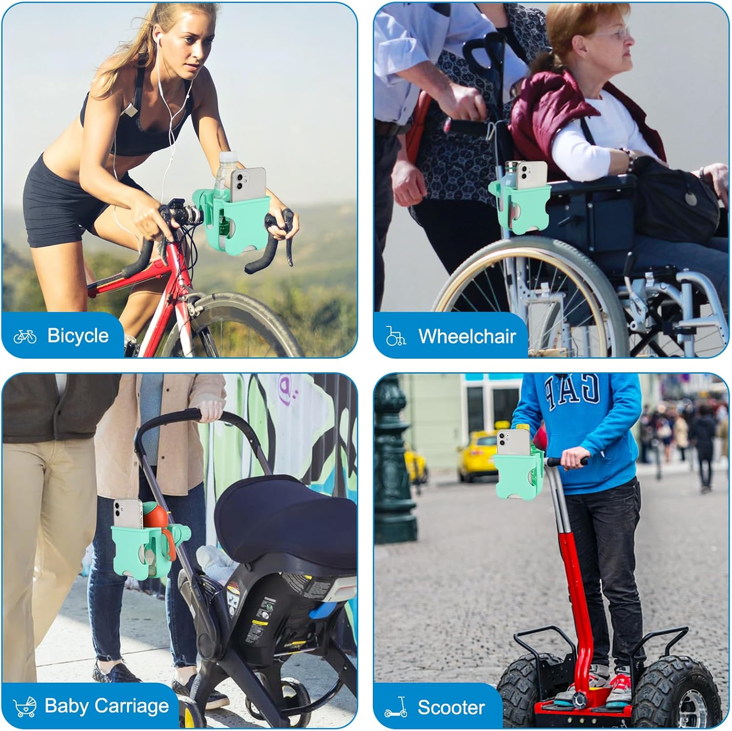 Accmor Portavasos 2 en 1 con soporte para teléfono, portavasos universal para silla de ruedas, accesorio para portavasos con ruedas, portavasos y