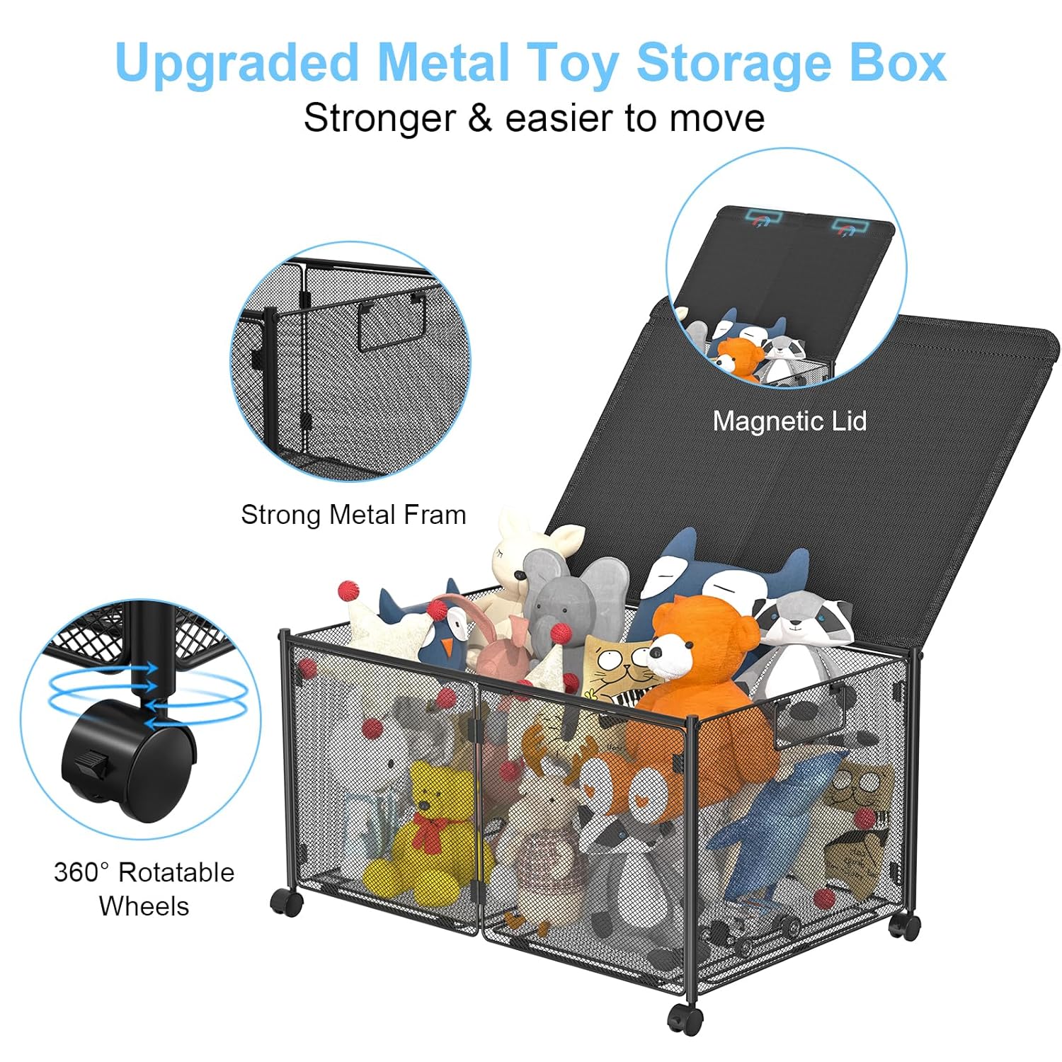 Almacenamiento de juguetes, caja de juguetes de metal con ruedas, baúl grande de juguetes de 72 litros con tapa para juguetes, ropa, zapatos,