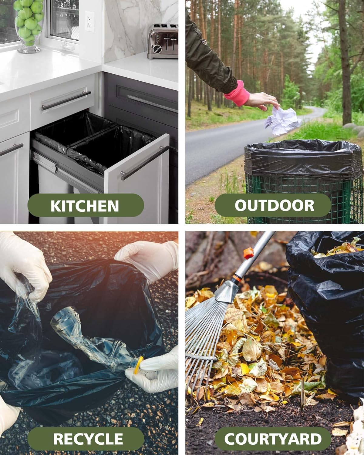 AYOTEE – Bolsas de basura altas para cocina, bolsas de basura de 13 a 16 galones, bolsas de reciclaje de 16 galones con lazos, bolsas de basura