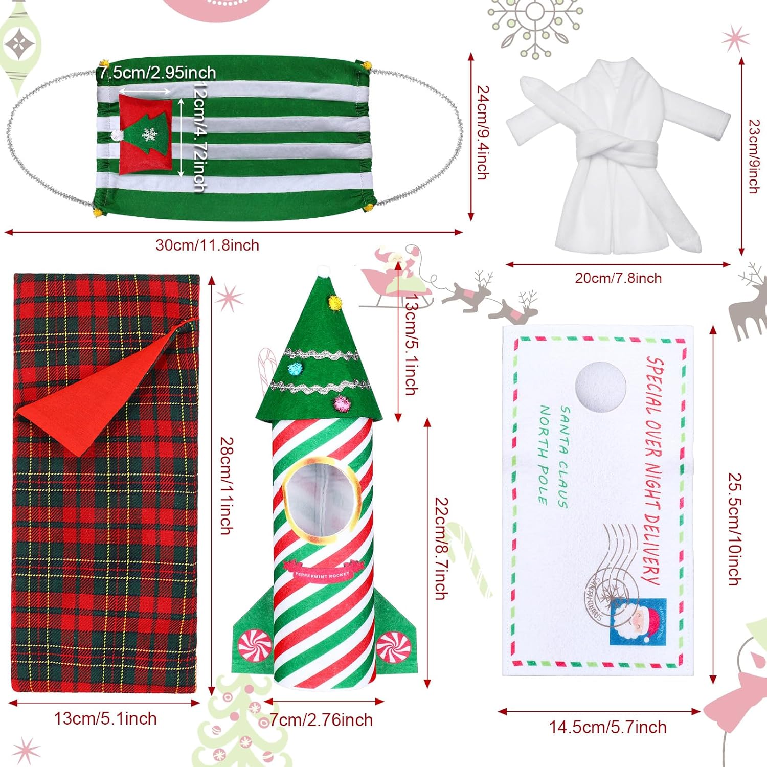 Aoriher Juego de 6 accesorios de muñeca elfo de Navidad con sobre de Navidad de elfo, ropa de cohete, saco de dormir, albornoz, hamaca de elfo de