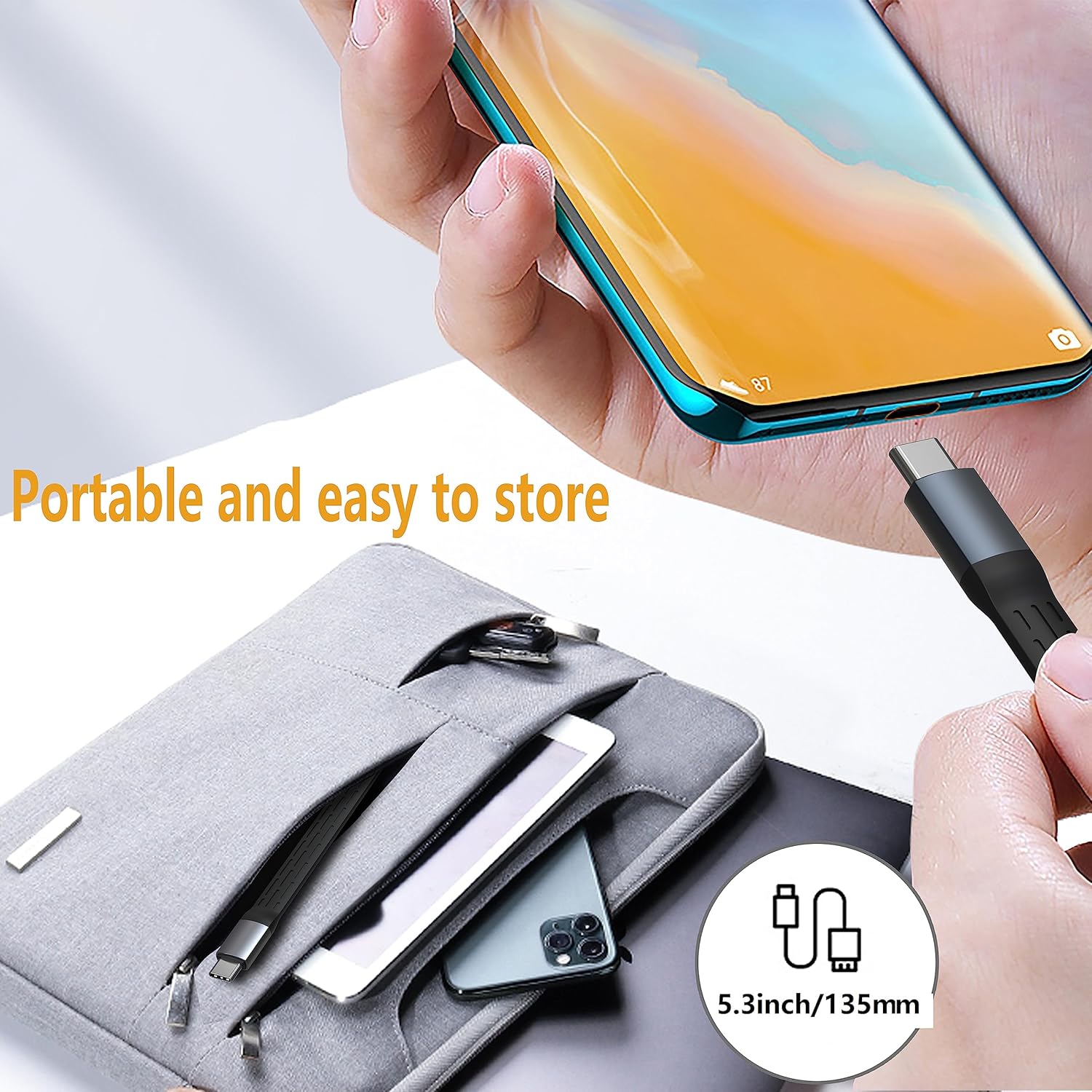 Cable USB C flexible extra corto de 5.3 pulgadas, USB 3.2 Gen 2 2 20 Gbps de transferencia de datos de 100 W PD de carga rápida cable plano tipo C