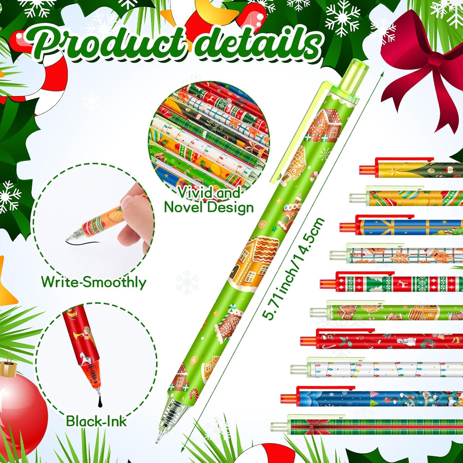 100 bolígrafos de tinta de gel de Navidad, bolígrafos retráctiles de Navidad, bolígrafos de dibujos animados, lindos bolígrafos de tinta negra de