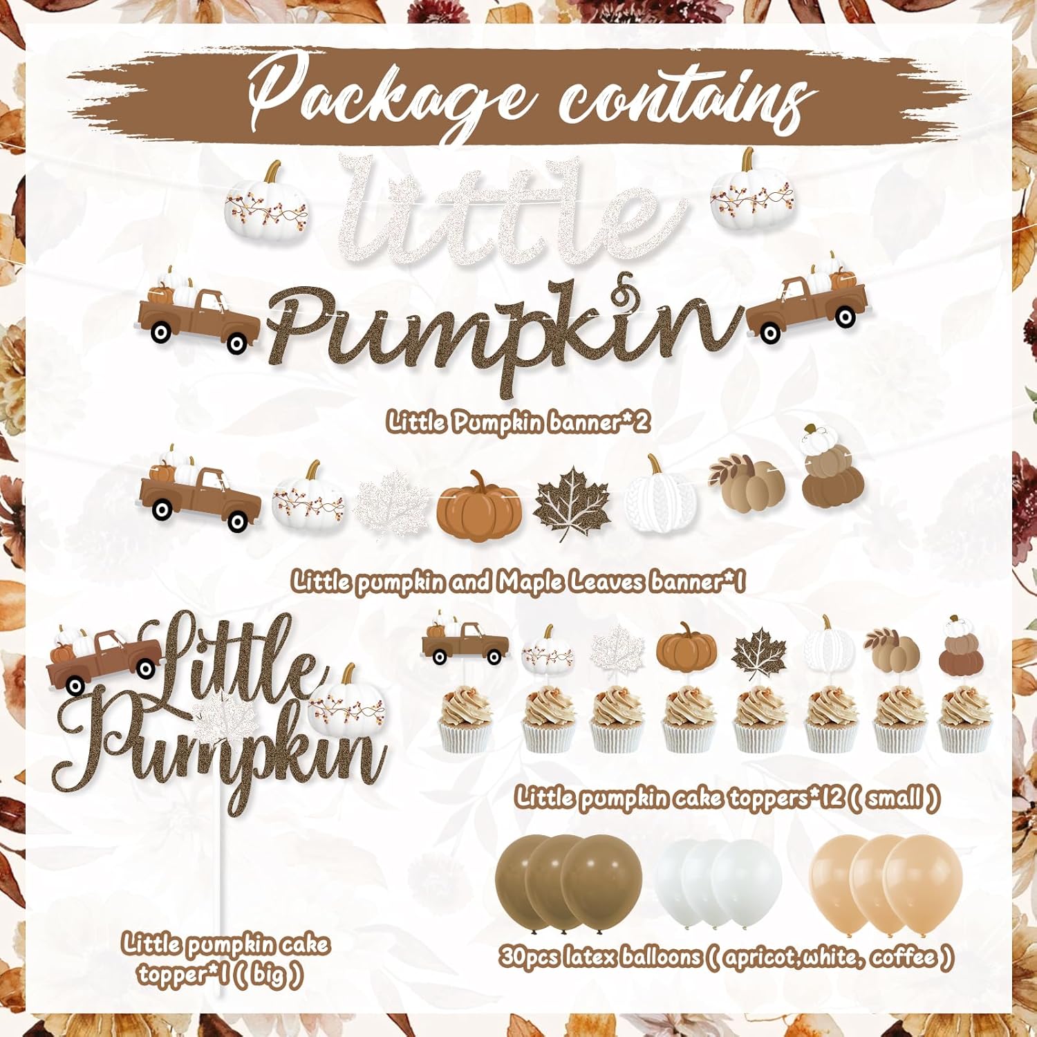K KUMEED Decoraciones de fiesta de calabaza pequeña, pancarta de calabaza pequeña, hojas de otoño, calabaza, camión, decoración de pastel, globos de