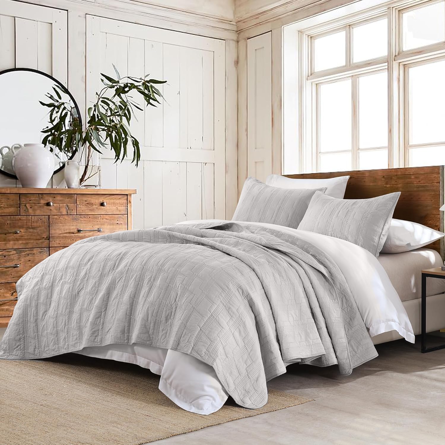 HORIMOTE HOME Juego de edredón 100% algodón tamaño Queen, juego de colcha prelavada gris claro, funda de cama decorativa con costuras ligeras y 2