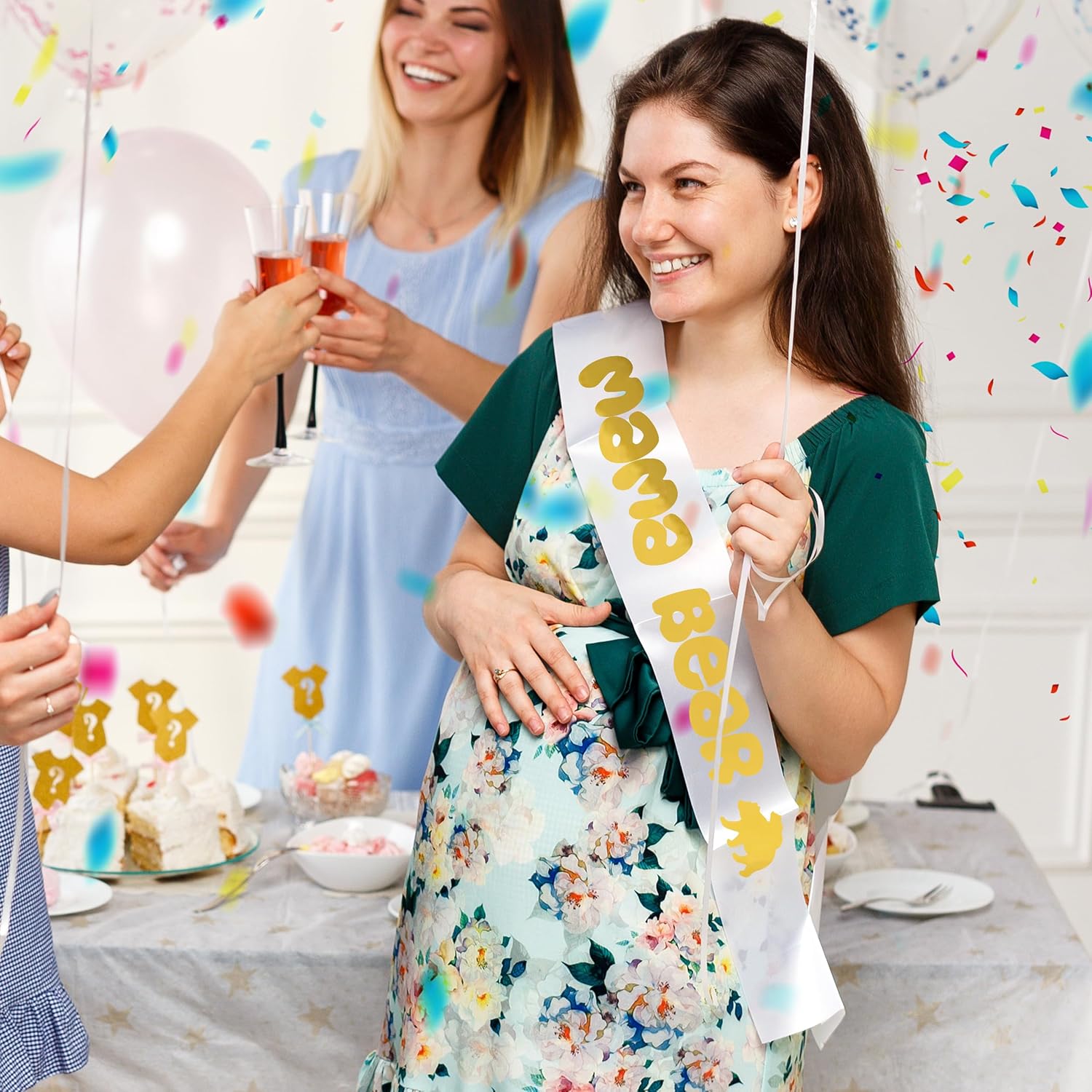 Paquete de banda para baby shower con bonito oso (fajas blancas y letras doradas) para niñas y niños, decoración de fiesta de baby shower, regalos,