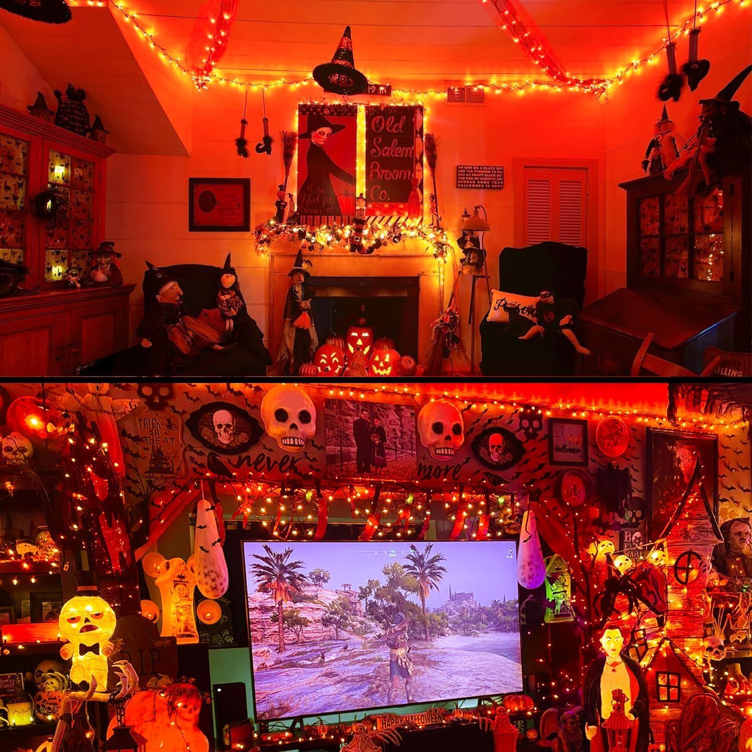 Guirnalda de luces naranjas de Halloween, 200 luces LED de 66 pies, 8 modos, luces de Halloween, con certificación UL, conectables, para el hogar,
