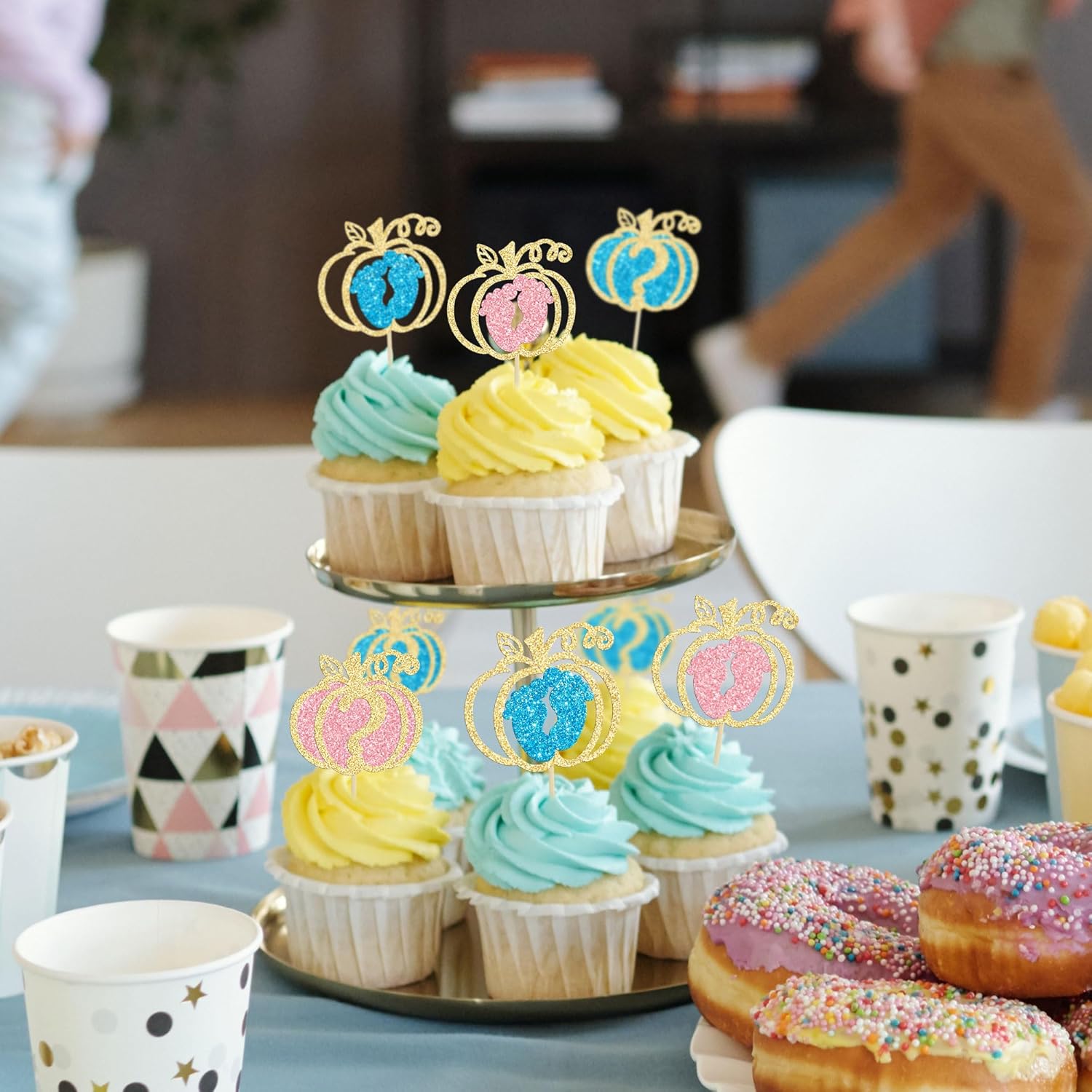 24 piezas de calabaza revelación de género para cupcakes con purpurina de calabaza pies de bebé, selecciones de cupcakes para niños o niñas,