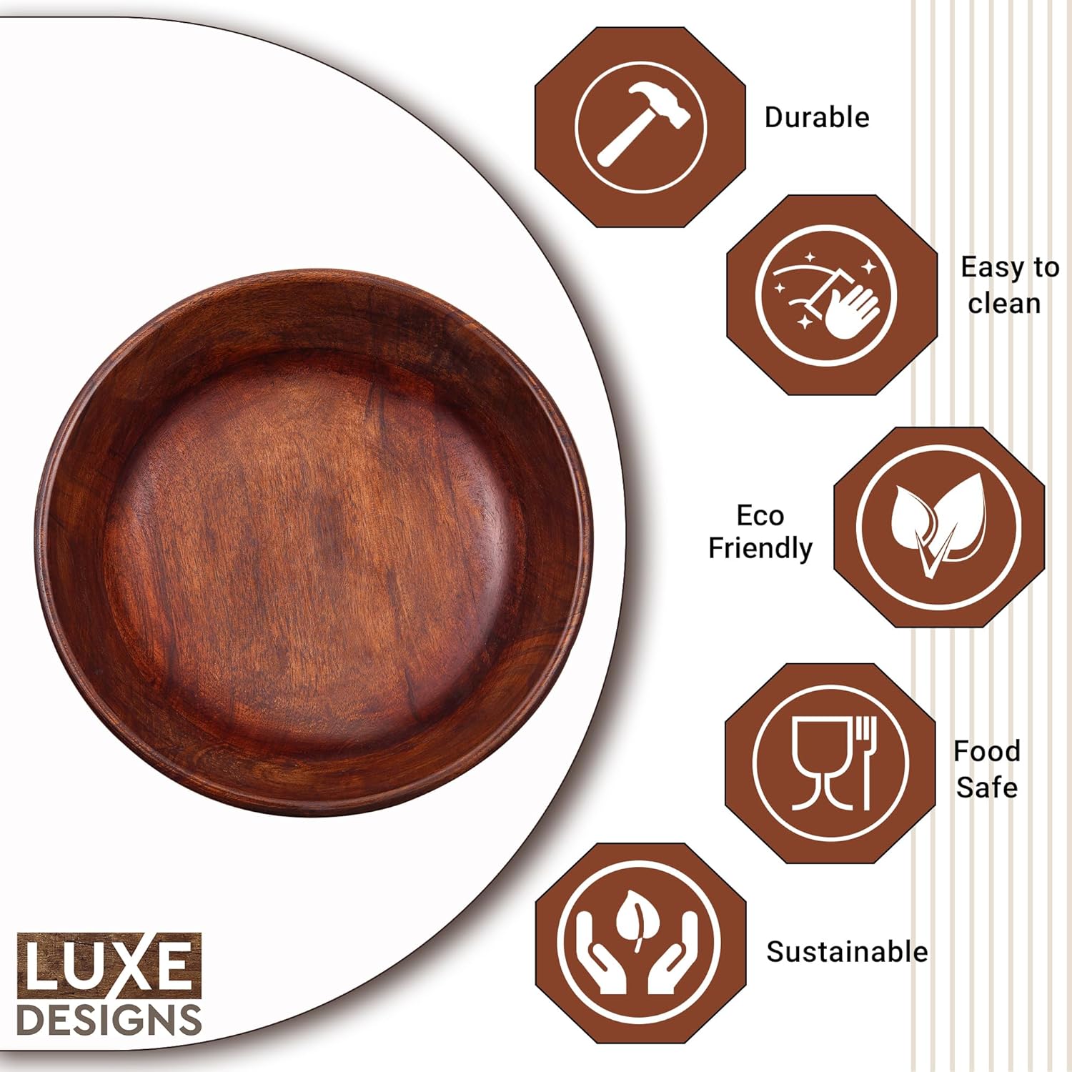 Luxe Designs Cuenco decorativo redondo de madera de 12 pulgadas, frutero de madera para encimera de cocina, cuenco de madera de acacia hecho a mano,
