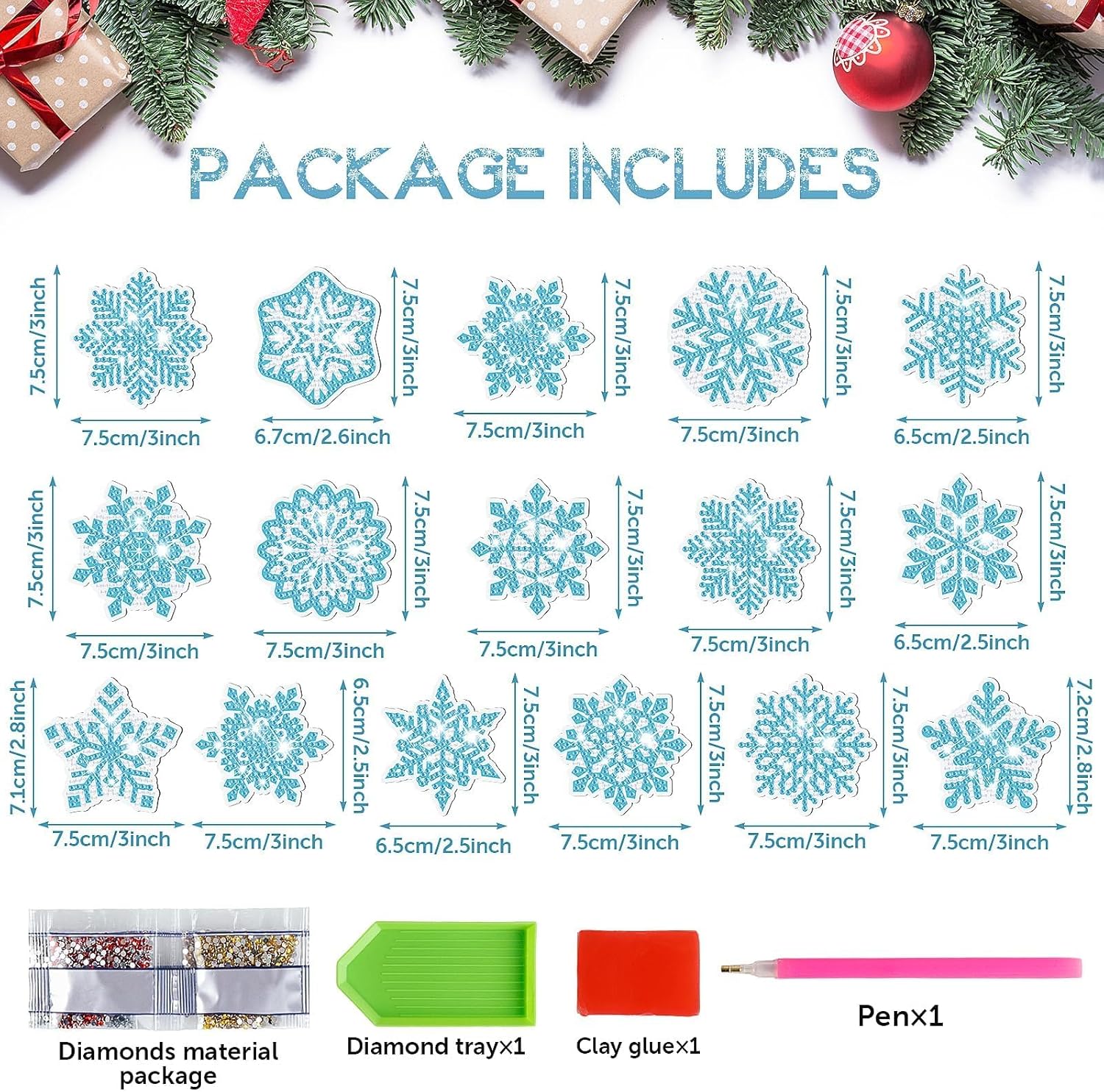 16 piezas de Navidad Wniter copo de nieve pintura de diamante imán de nevera de copo de nieve imán de nevera DIY pintura de diamante kit de arte de