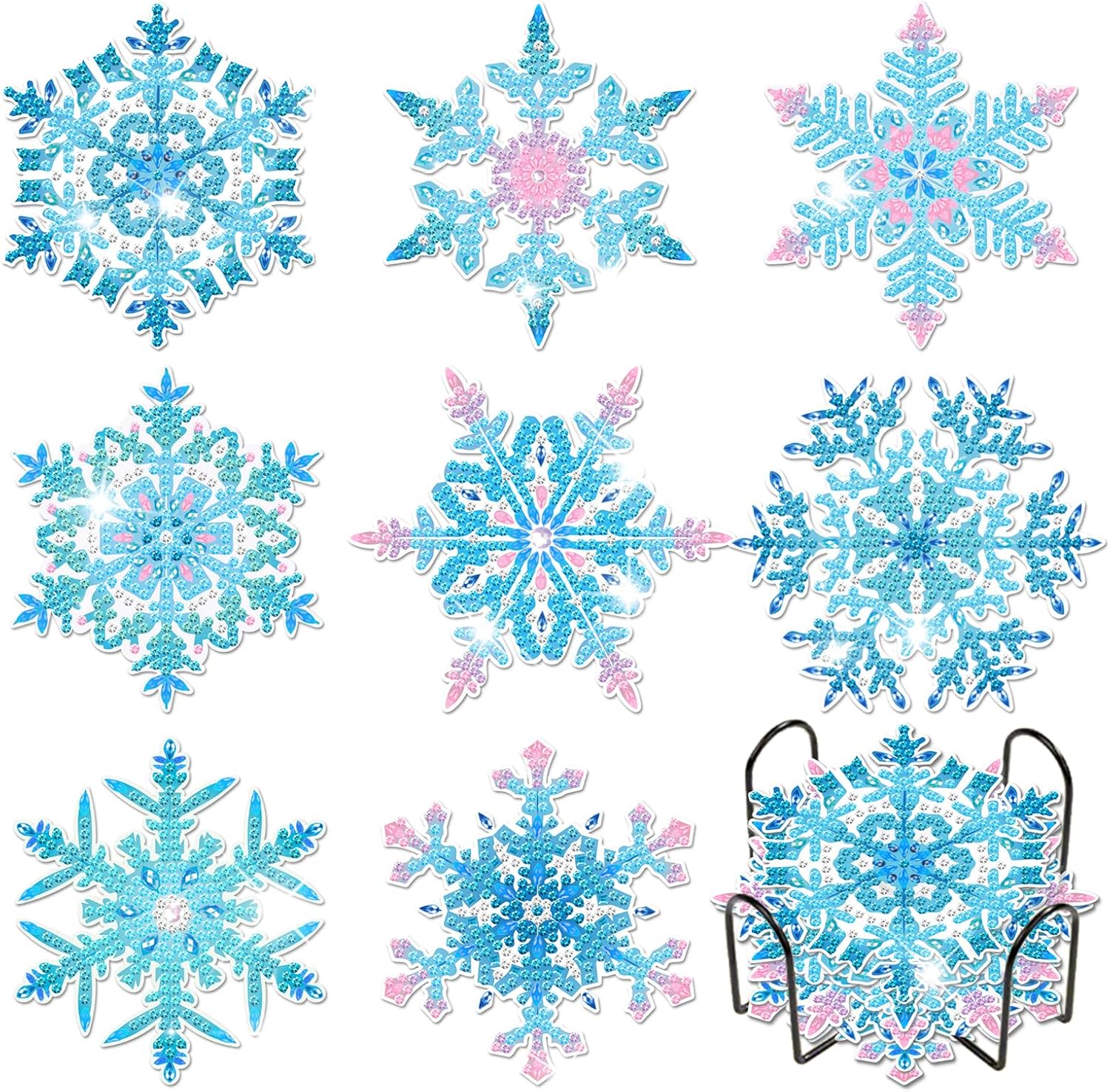 8 posavasos de pintura de diamantes de copo de nieve con soporte, posavasos de arte de diamantes de copo de nieve congelado, posavasos redondos de