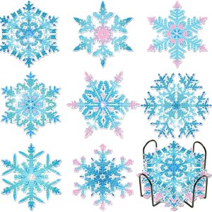 8 posavasos de pintura de diamantes de copo de nieve con soporte, posavasos de arte de diamantes de copo de nieve congelado, posavasos redondos de 8 posavasos de pintura de diamantes de copo de nieve con soporte, posavasos de arte de diamantes de copo de nieve congelado, posavasos redondos de