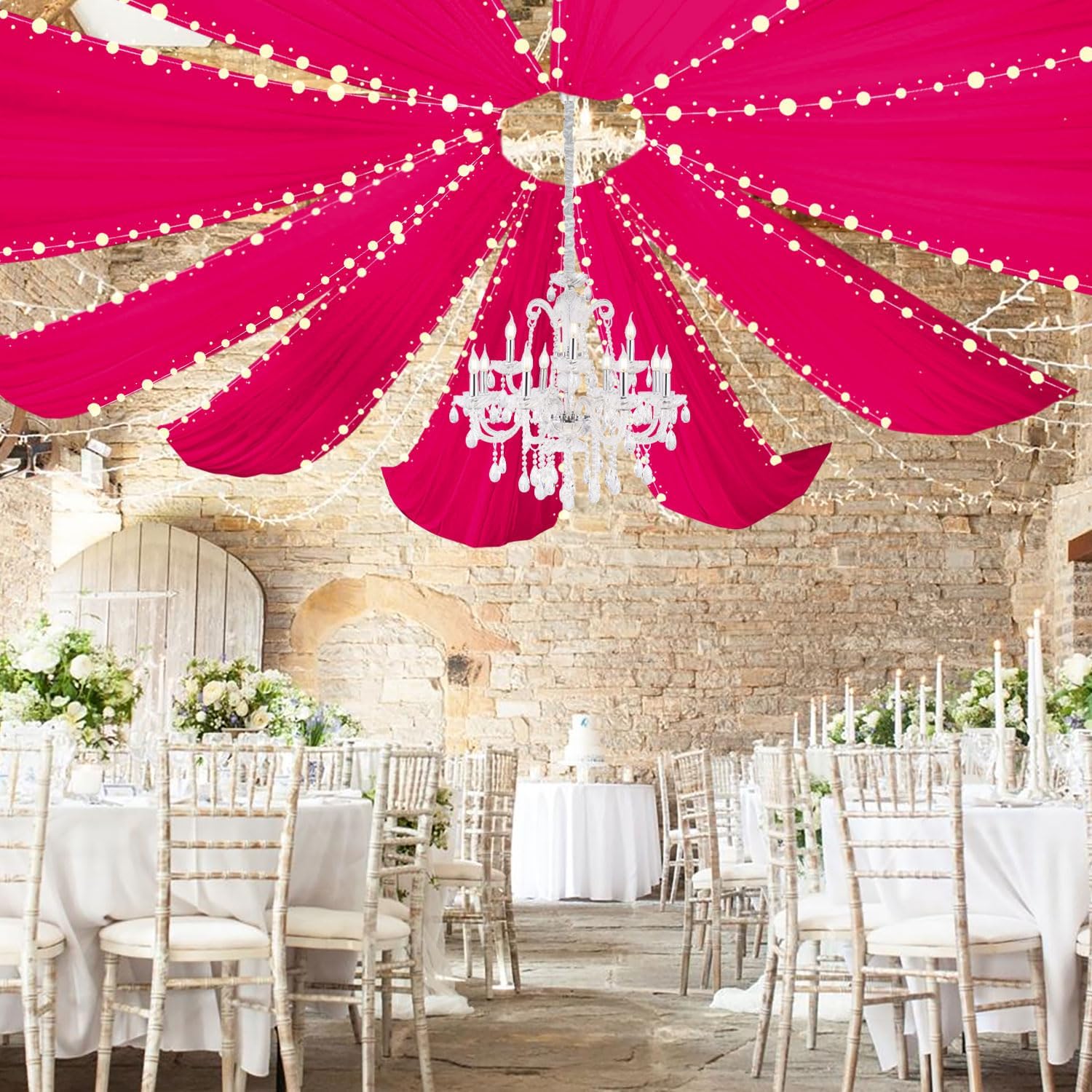 PATYDEST Cortinas de techo para bodas, 5 x 20 pies, tela de gasa rosa intenso para ceremonia de boda, cortinas de techo de tela transparente,
