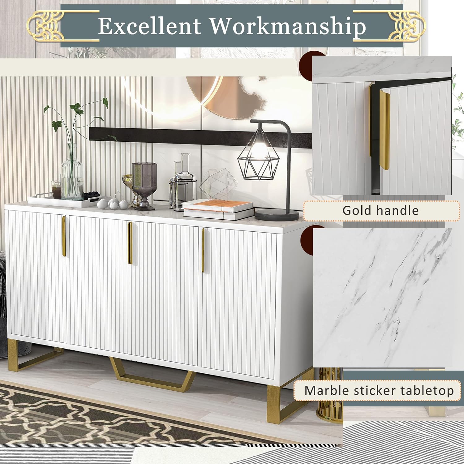 P PURLOVE Aparador moderno con cuatro puertas, armario de madera con estante ajustable, mesa de cocina con almacenamiento con patas de metal para