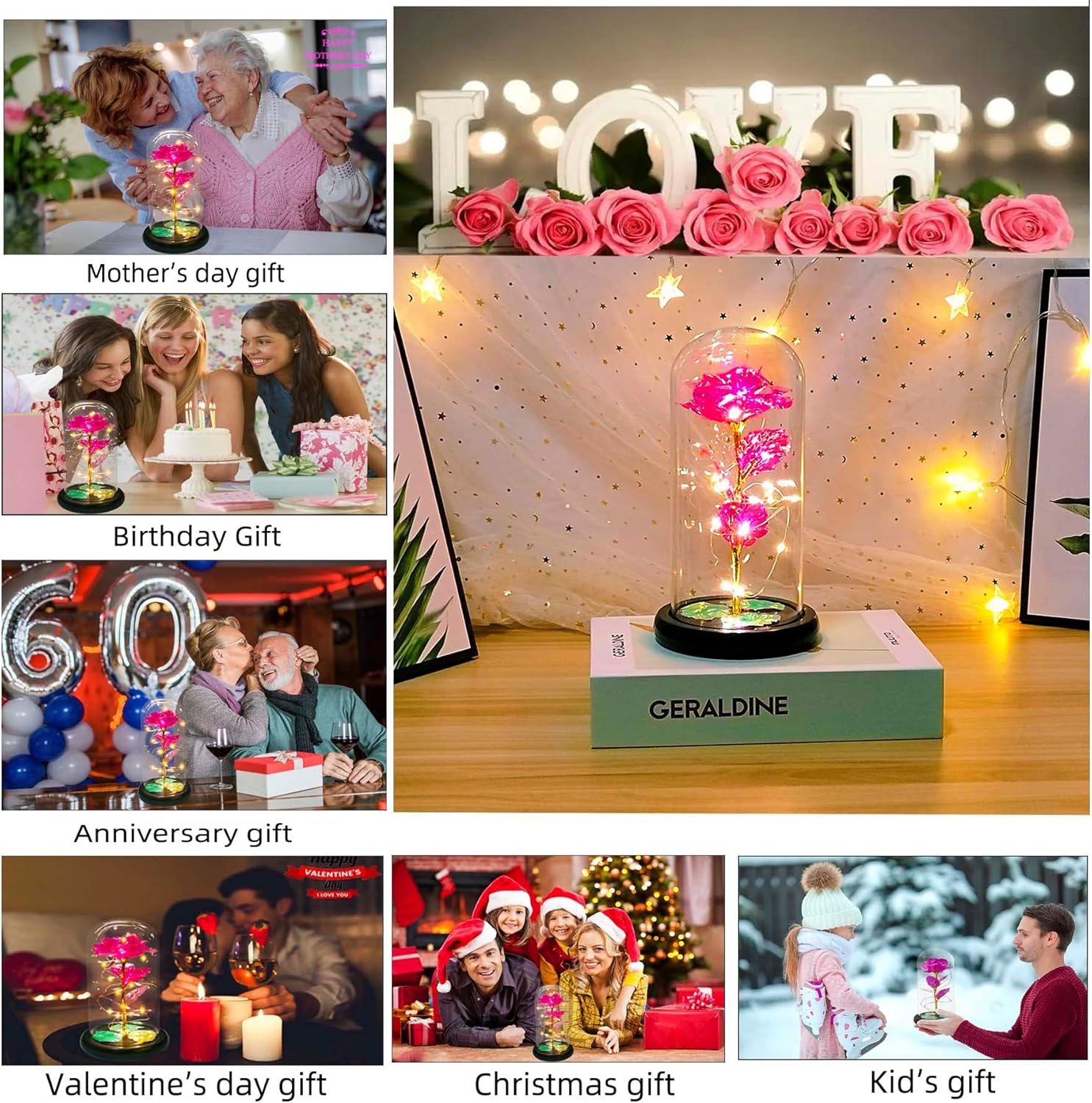 Jeekgsk Regalos de cumpleaños para mujeres, regalos de flores para ella, dura para siempre en una cúpula de cristal, rosas artificiales cálidas,