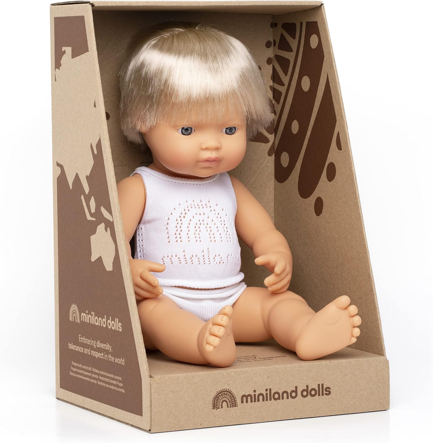 Miniland Muñeca 15” Caucásico Rubio Niño (Caja) – Hecho en España, Anatómicamente Correcto, Calidad, Inclusión