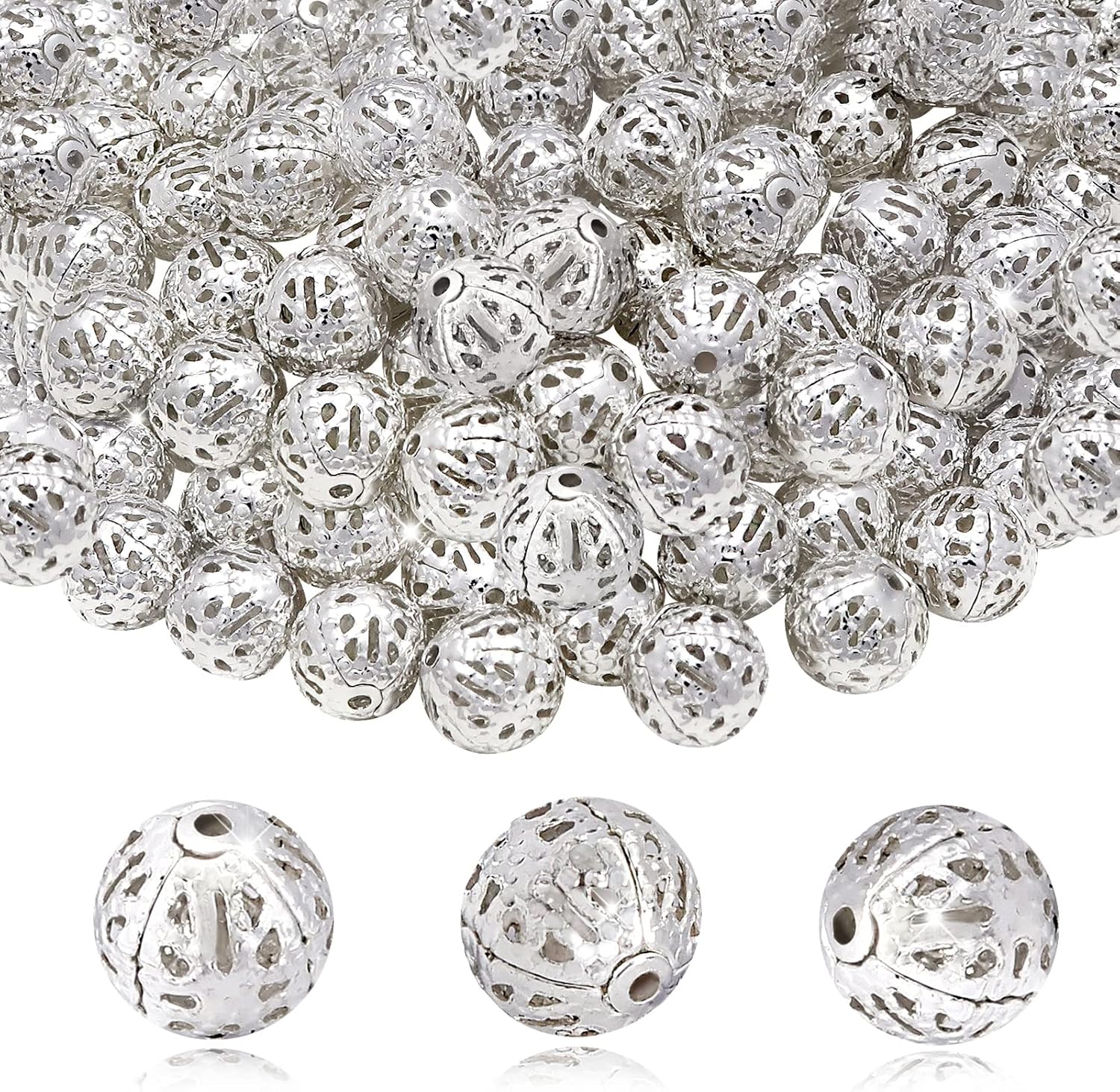 TOAOB – 100 cuentas de bola huecas de filigrana chapadas en plata de 0.315 pulgadas (0.315 in), cuentas espaciadoras sueltas de metal redondas para
