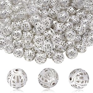 TOAOB – 100 cuentas de bola huecas de filigrana chapadas en plata de 0.315 pulgadas (0.315 in), cuentas espaciadoras sueltas de metal redondas para TOAOB – 100 cuentas de bola huecas de filigrana chapadas en plata de 0.315 pulgadas (0.315 in), cuentas espaciadoras sueltas de metal redondas para