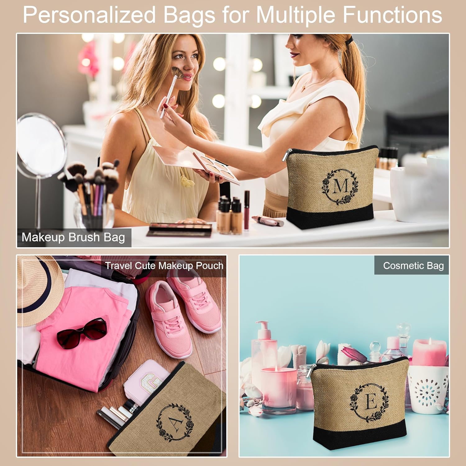 Bolsa de yute con inicial, bolsa de maquillaje con cremallera y correa ajustable, regalos personalizados para mujeres y cumpleaños