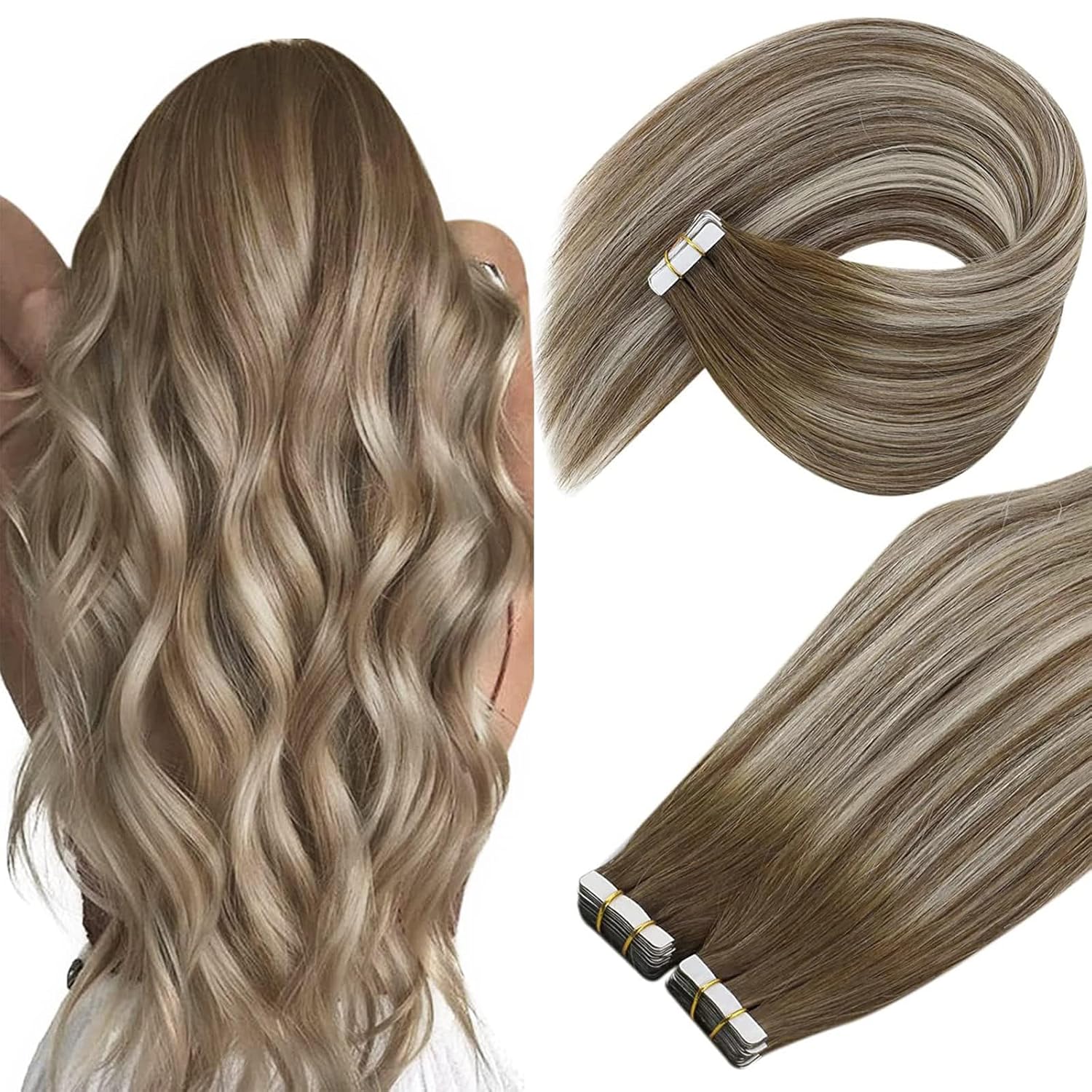 Ve Sunny Extensiones de cabello humano con cinta adhesiva, balayage, color marrón medio, rubio platino y marrón, extensiones de cabello con cinta