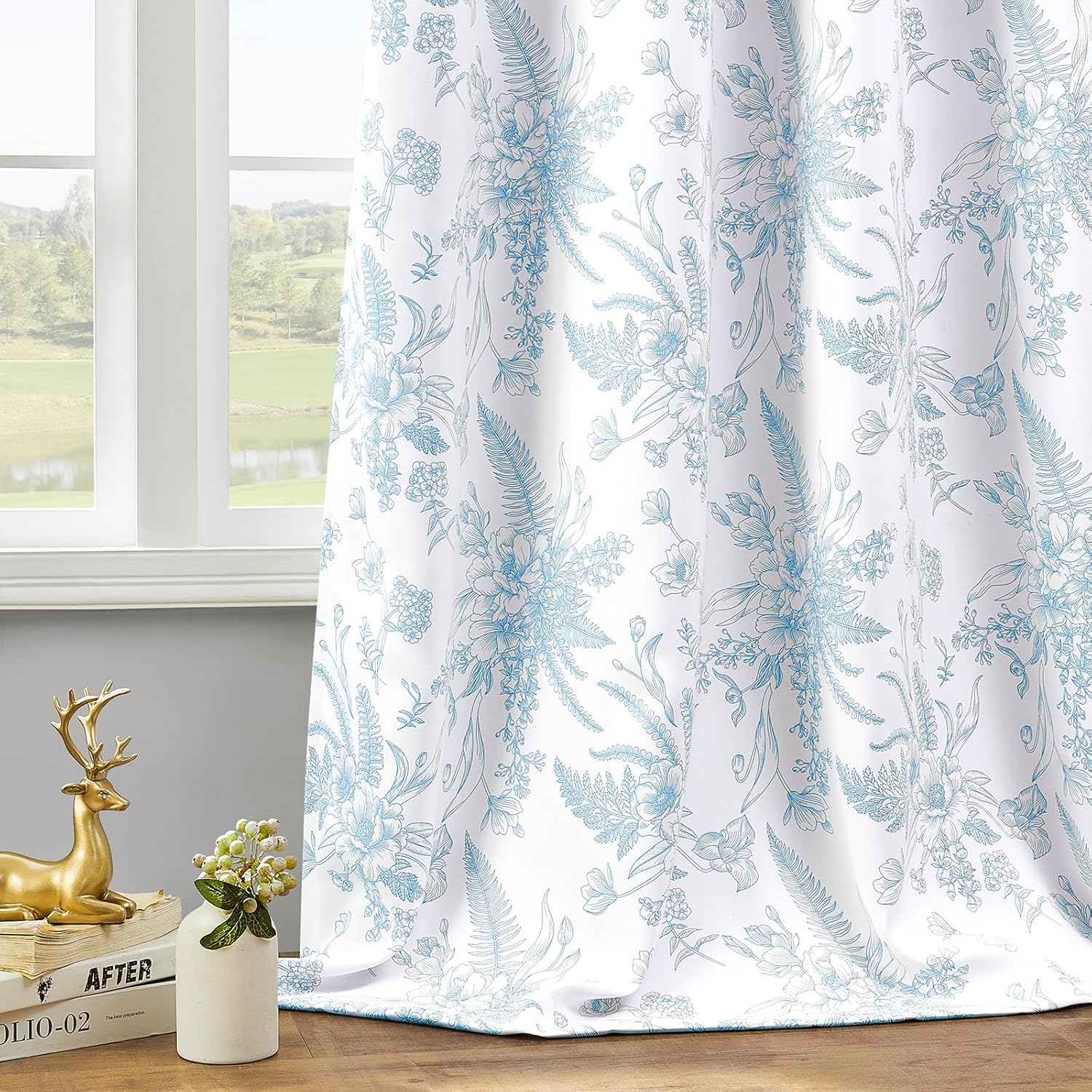YoungsTex Cortinas opacas florales azules de 63 pulgadas de largo, cortinas gruesas de doble capa con ojales impresos para oscurecer la habitación,