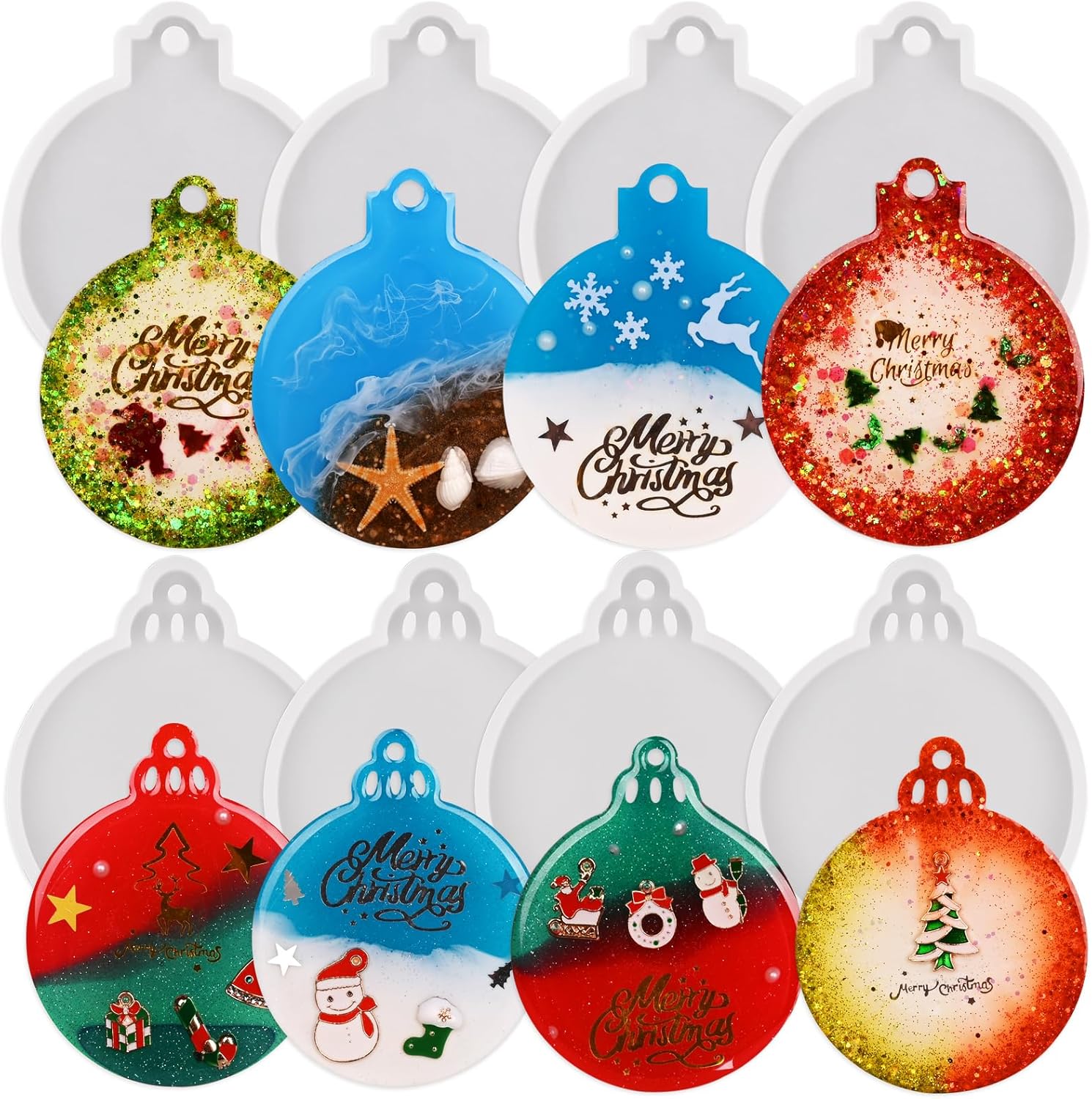 Paquete de 8 moldes de resina de Navidad, 2 estilos redondos de silicona para colgantes, moldes de adornos de Navidad para fundición de resina