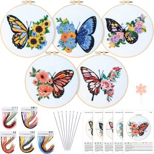 Yinder 5 juegos de bordado para principiantes con patrones de flores de mariposa e instrucciones (idioma español no garantizado), kits de punto de Yinder 5 juegos de bordado para principiantes con patrones de flores de mariposa e instrucciones (idioma español no garantizado), kits de punto de