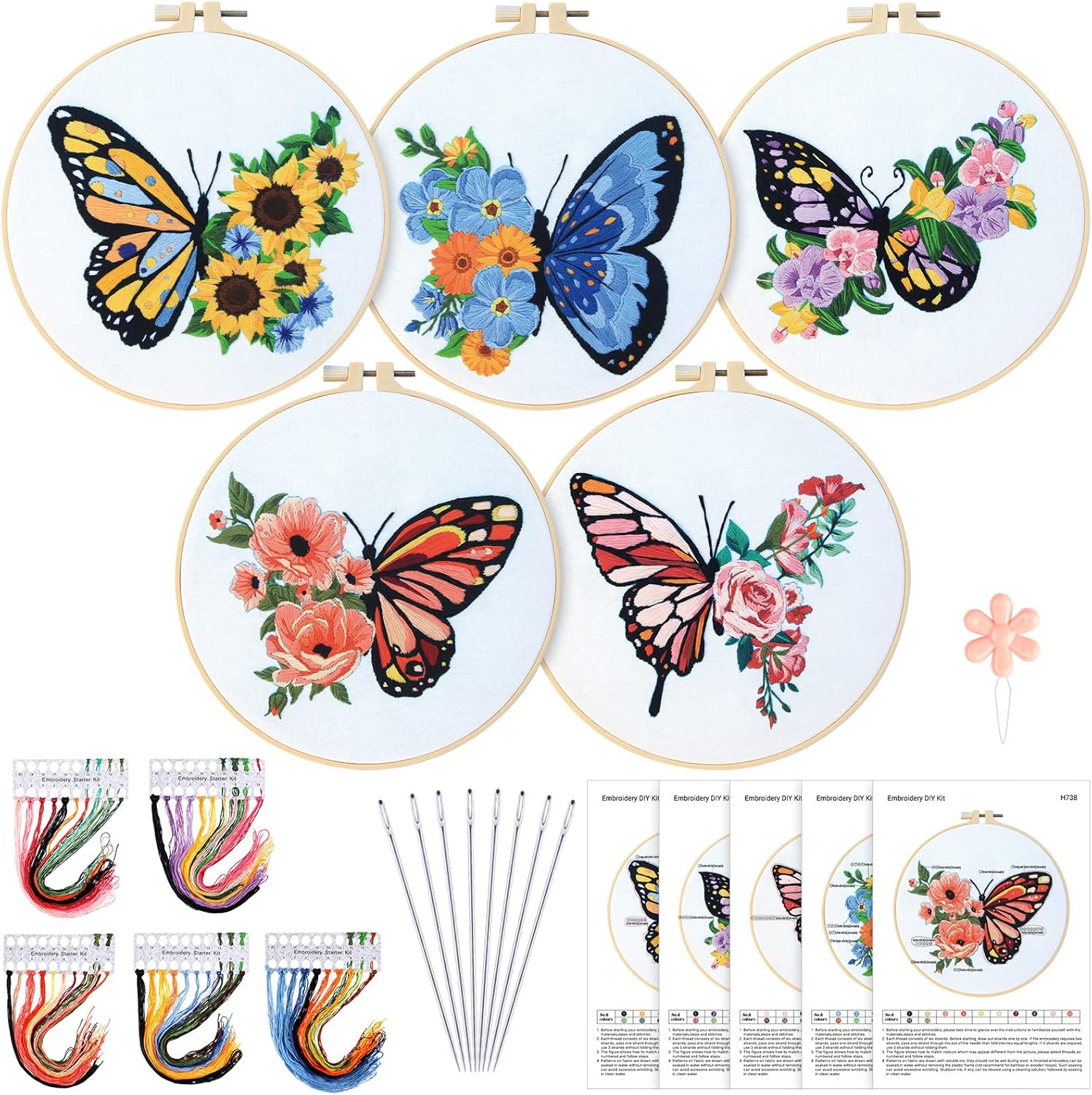 Yinder 5 juegos de bordado para principiantes con patrones de flores de mariposa e instrucciones (idioma español no garantizado), kits de punto de