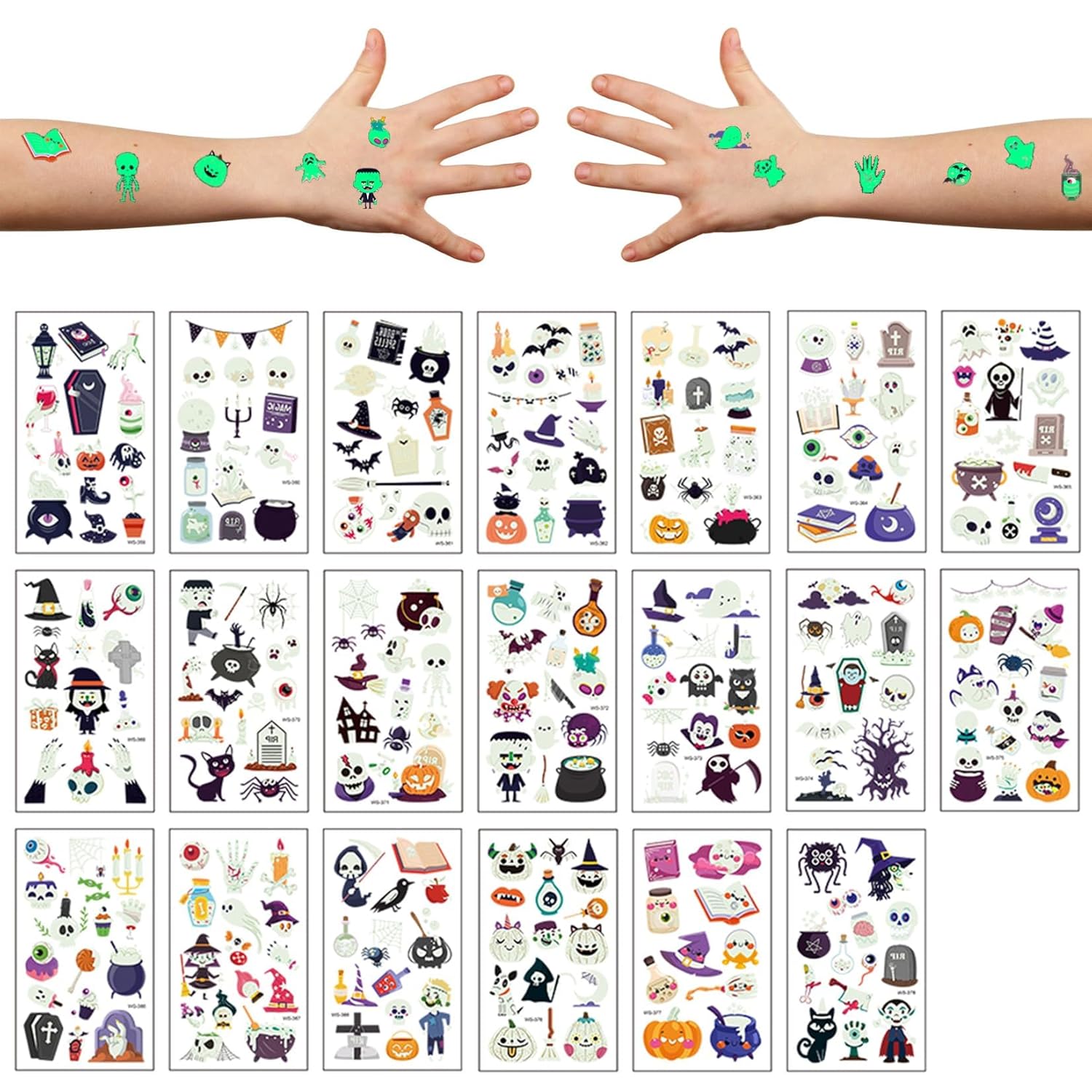 CARGEN Tatuaje temporal de Halloween para niños, 20 hojas, 268 patrones, decoraciones divertidas para fiestas de Halloween, suministros pequeños y