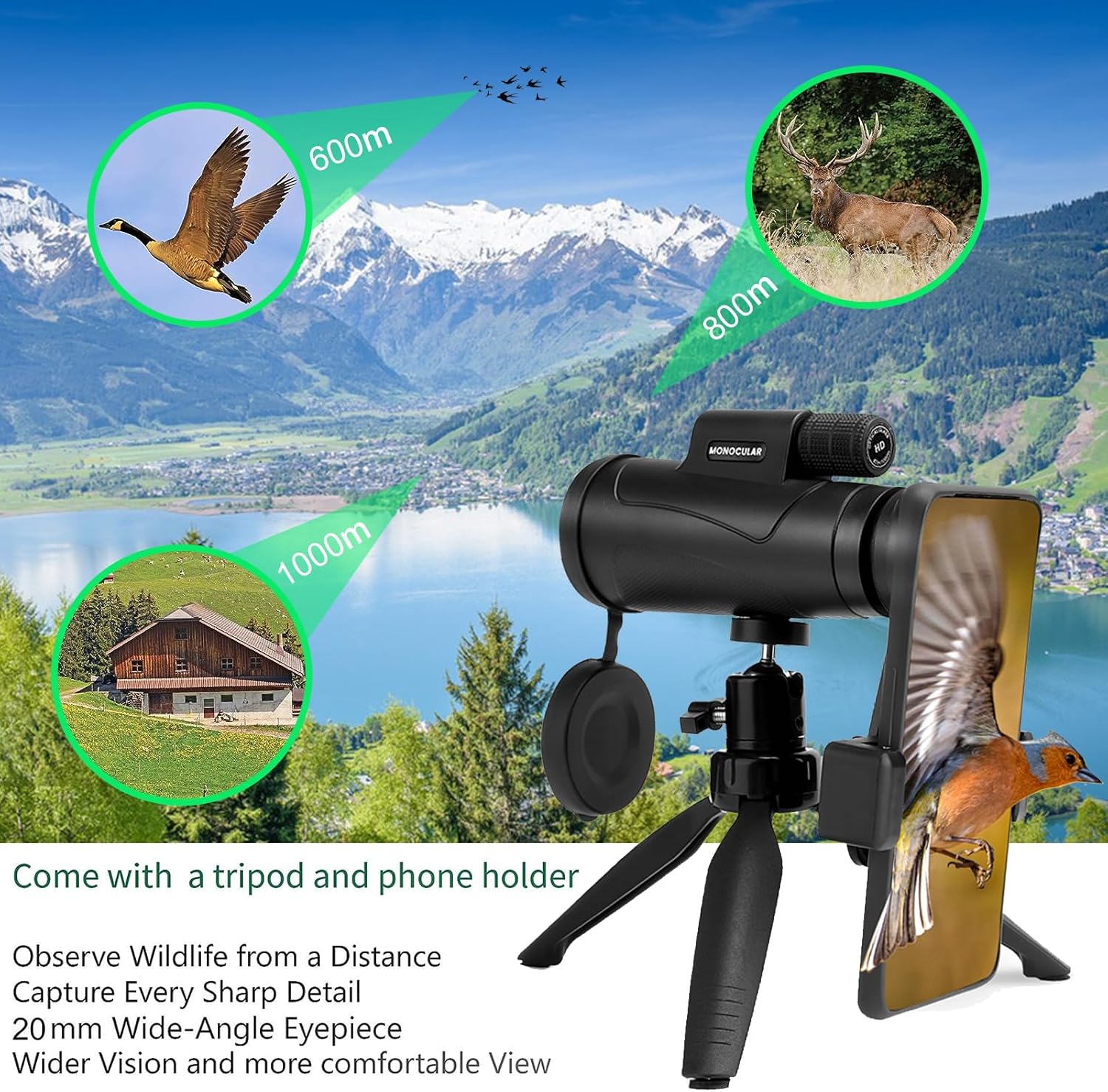 Telescopio monoculares HD de 80 x 100 para adultos de alta potencia con trípode para teléfono inteligente y prisma BAK4 para observación de aves,
