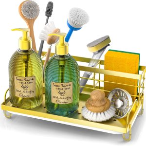 Cisily Organizador dorado para fregadero de cocina, soporte de esponja para fregadero de cocina, acero inoxidable 304, dispensador de jabonera Cisily Organizador dorado para fregadero de cocina, soporte de esponja para fregadero de cocina, acero inoxidable 304, dispensador de jabonera