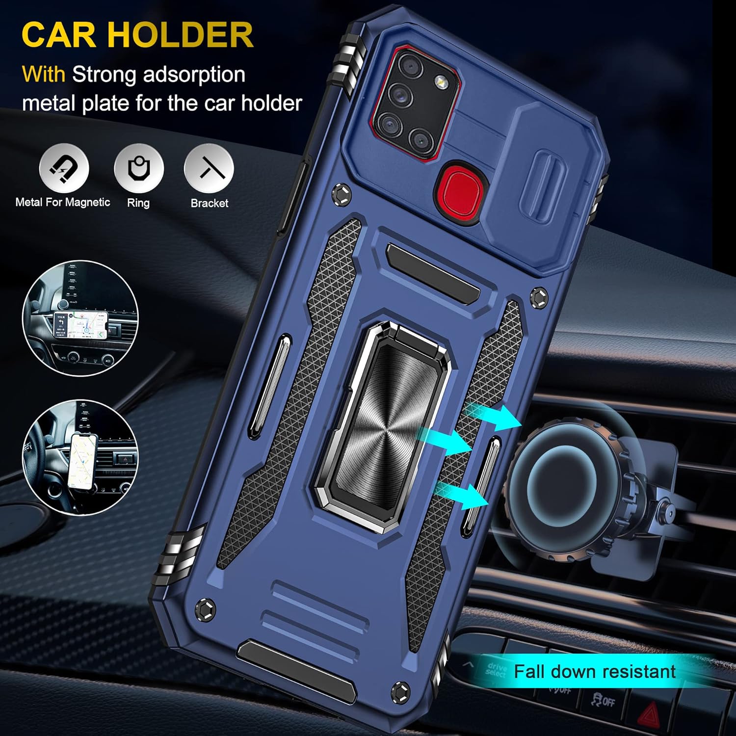 Asuwish Funda de teléfono para Samsung Galaxy A21S con protector de pantalla de vidrio templado y cubierta para cámara deslizante, soporte
