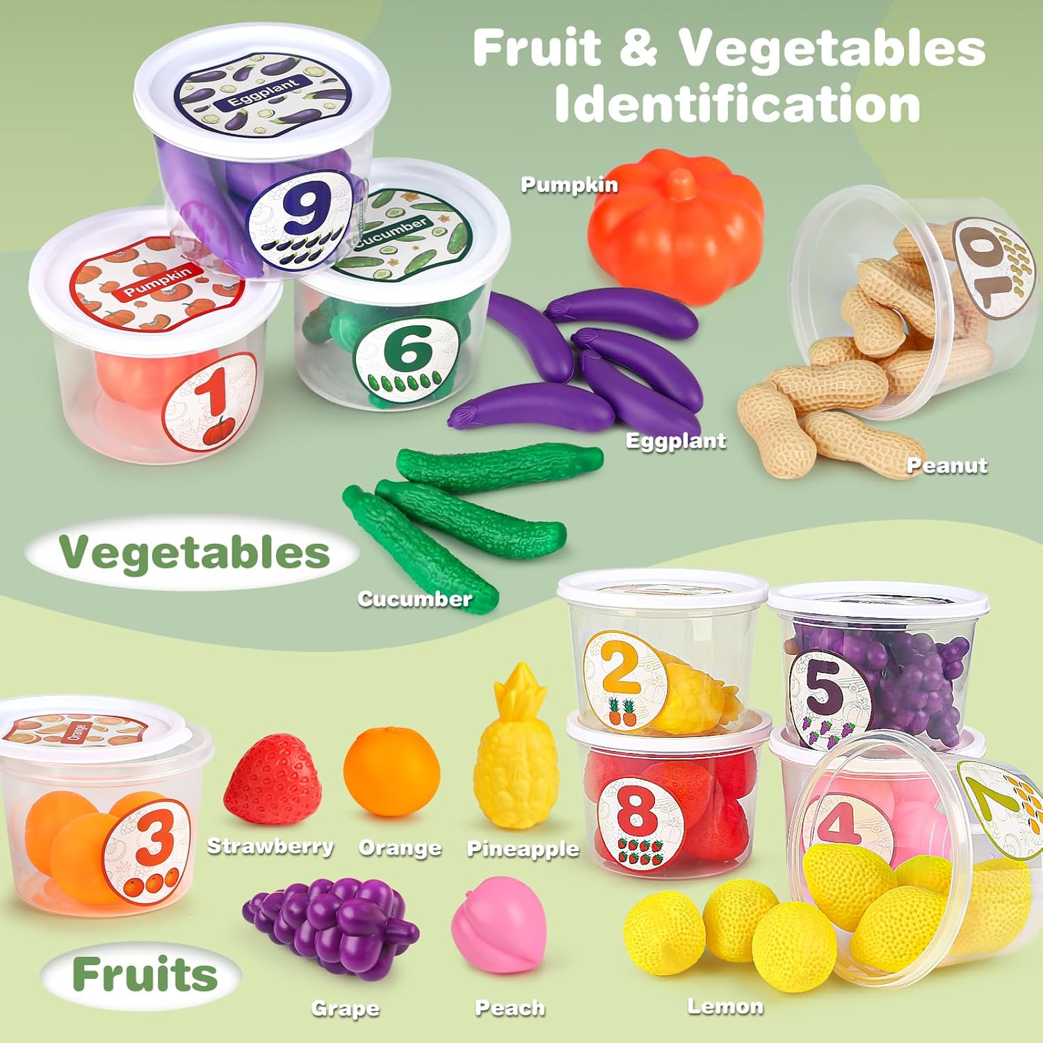Joyreal Juguetes de clasificación de color, tinas clasificadoras de alimentos con frutas y verduras, 65 piezas de uno a diez juguetes de aprendizaje
