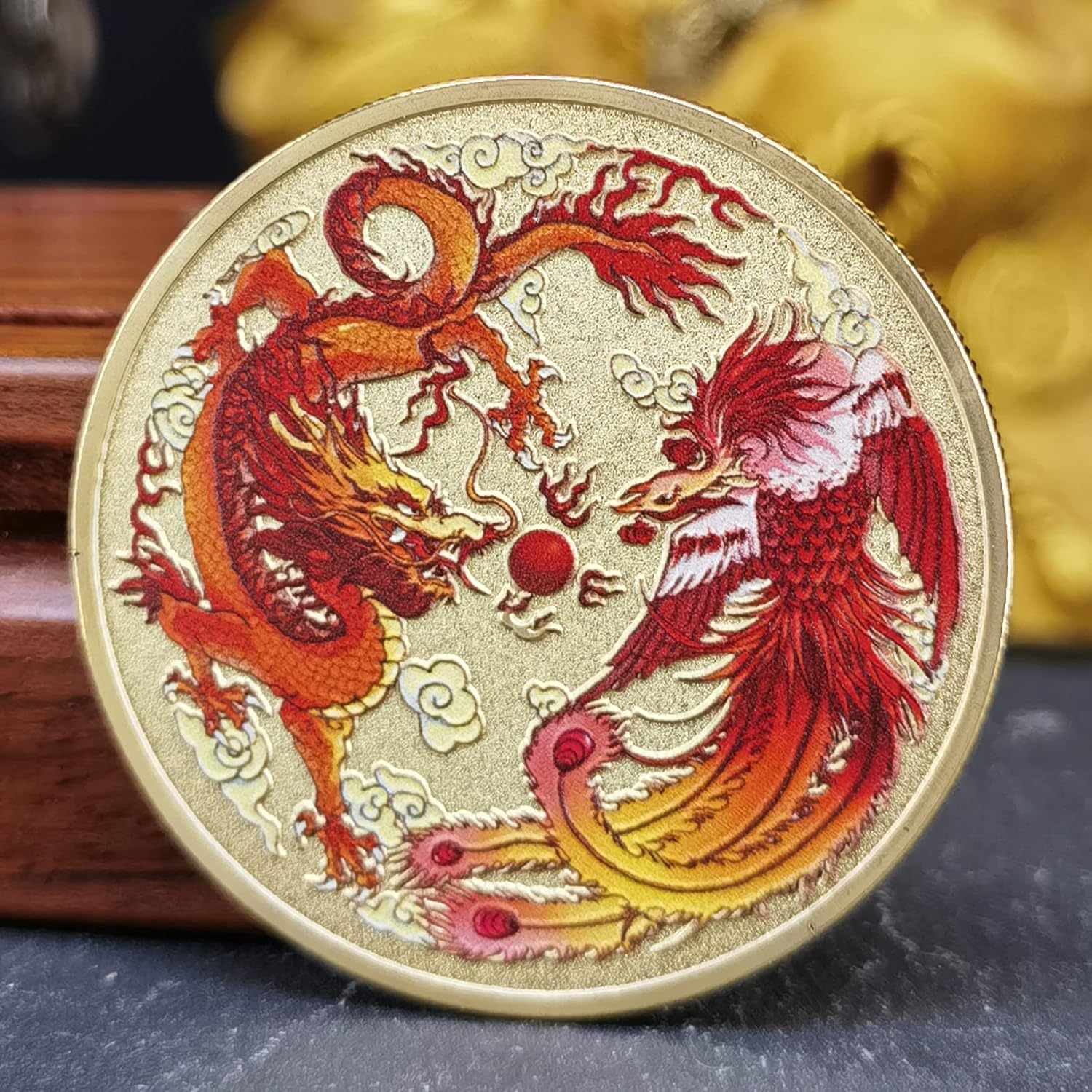 Colorido dragón chino y fénix moneda de la suerte – Rascador de boletos de lotería – Atrae buena fortuna – Moneda de desafío de buena suerte