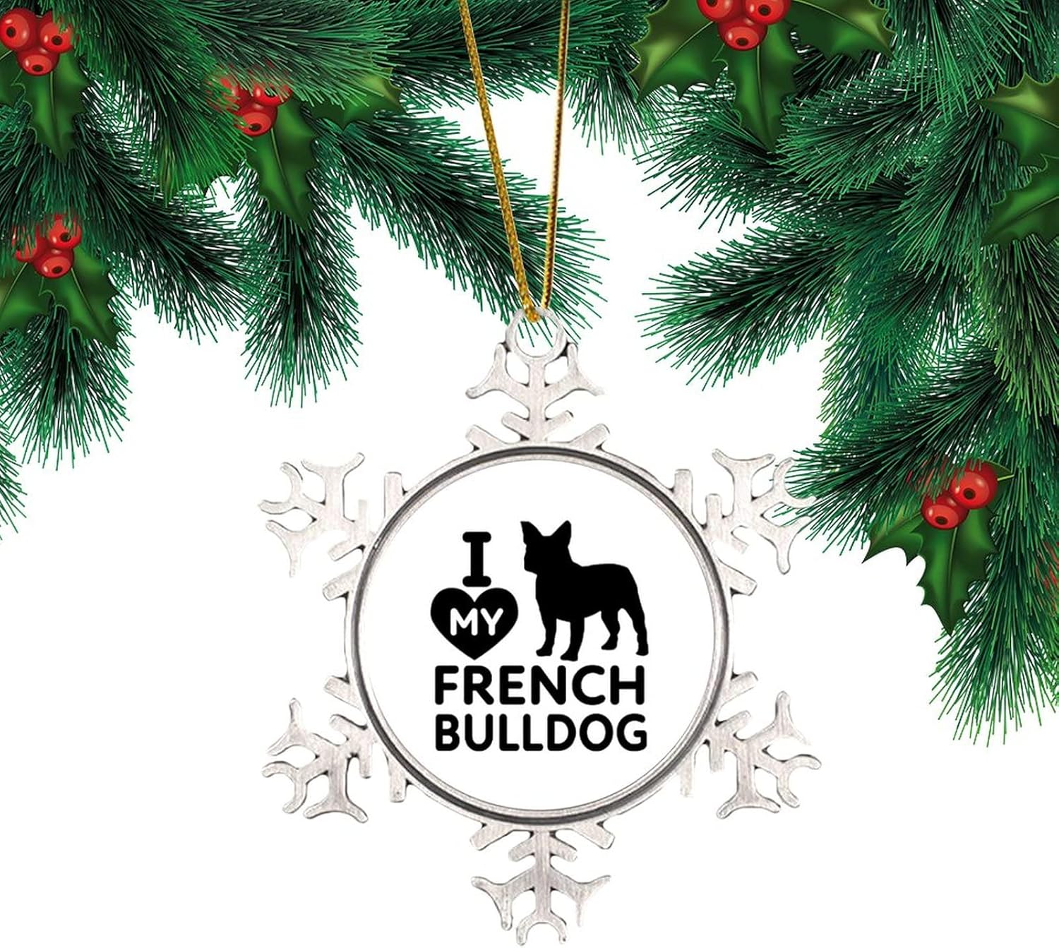 Adorno de copo de nieve de metal de 3 pulgadas, colgante de árbol de bulldog francés, recuerdo colgante para puerta de habitación, casa de campo,