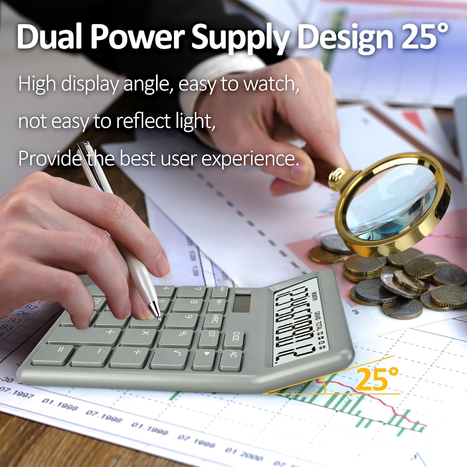 Calculadora estándar de 12 dígitos, batería de doble potencia de escritorio verde y solar, calculadoras de escritorio con pantalla LCD grande,