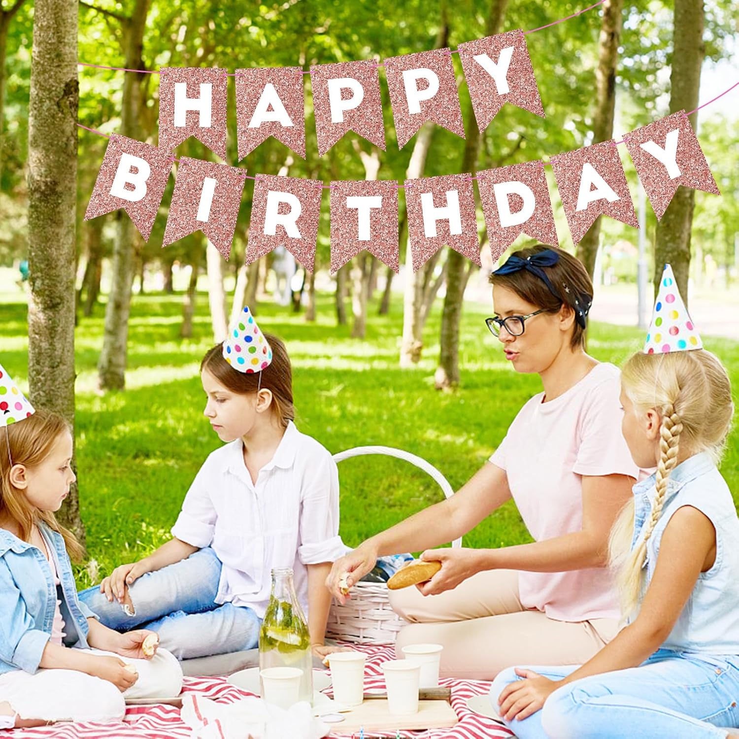 Cartel de feliz cumpleaños de oro rosa con purpurina para telón de fondo, decoraciones de cumpleaños de oro rosa, guirnalda de banderines para