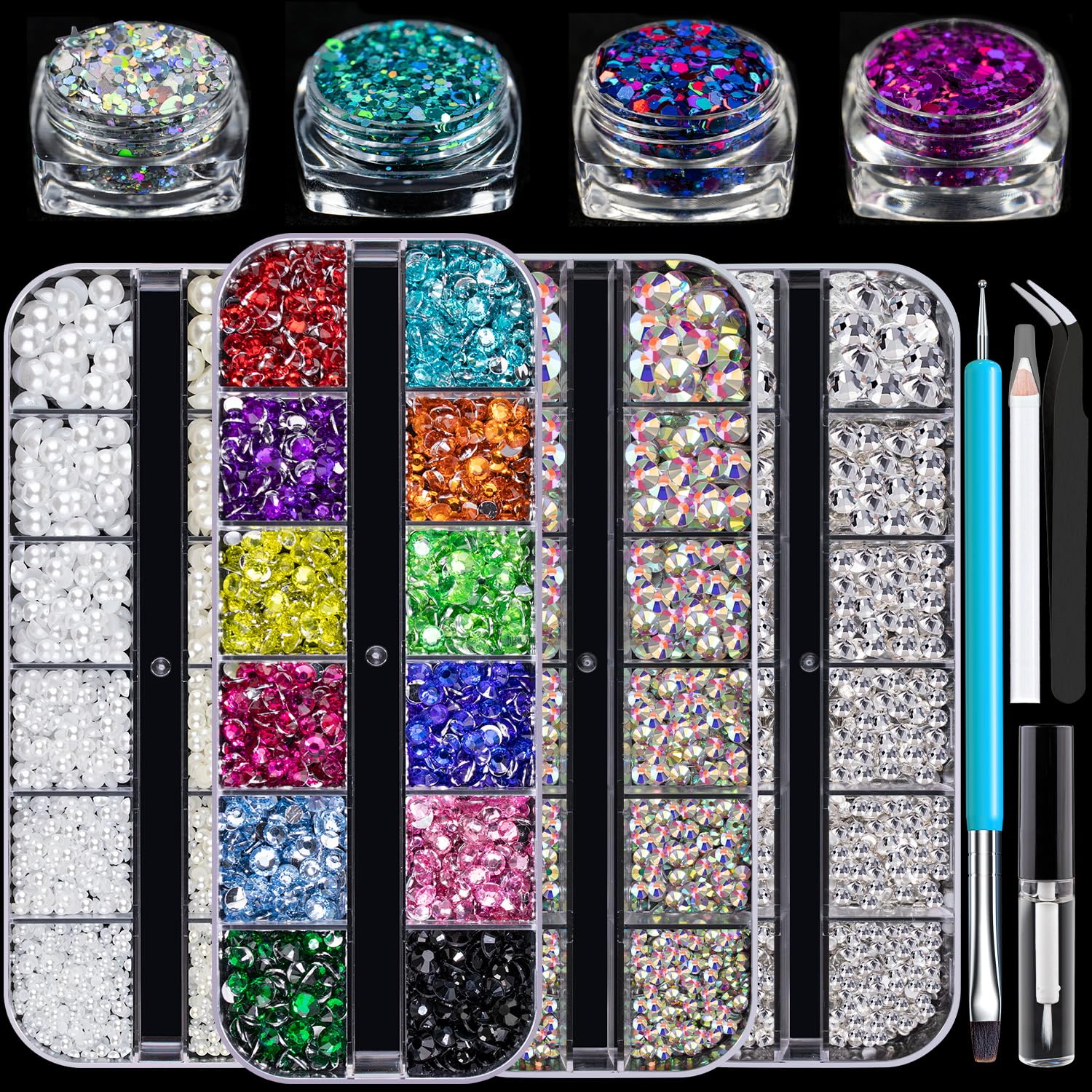 5320 gemas faciales para maquillaje con pegamento, cuentas coloridas y gemas redondas de cristal AB y transparentes, perlas planas blancas y beige y