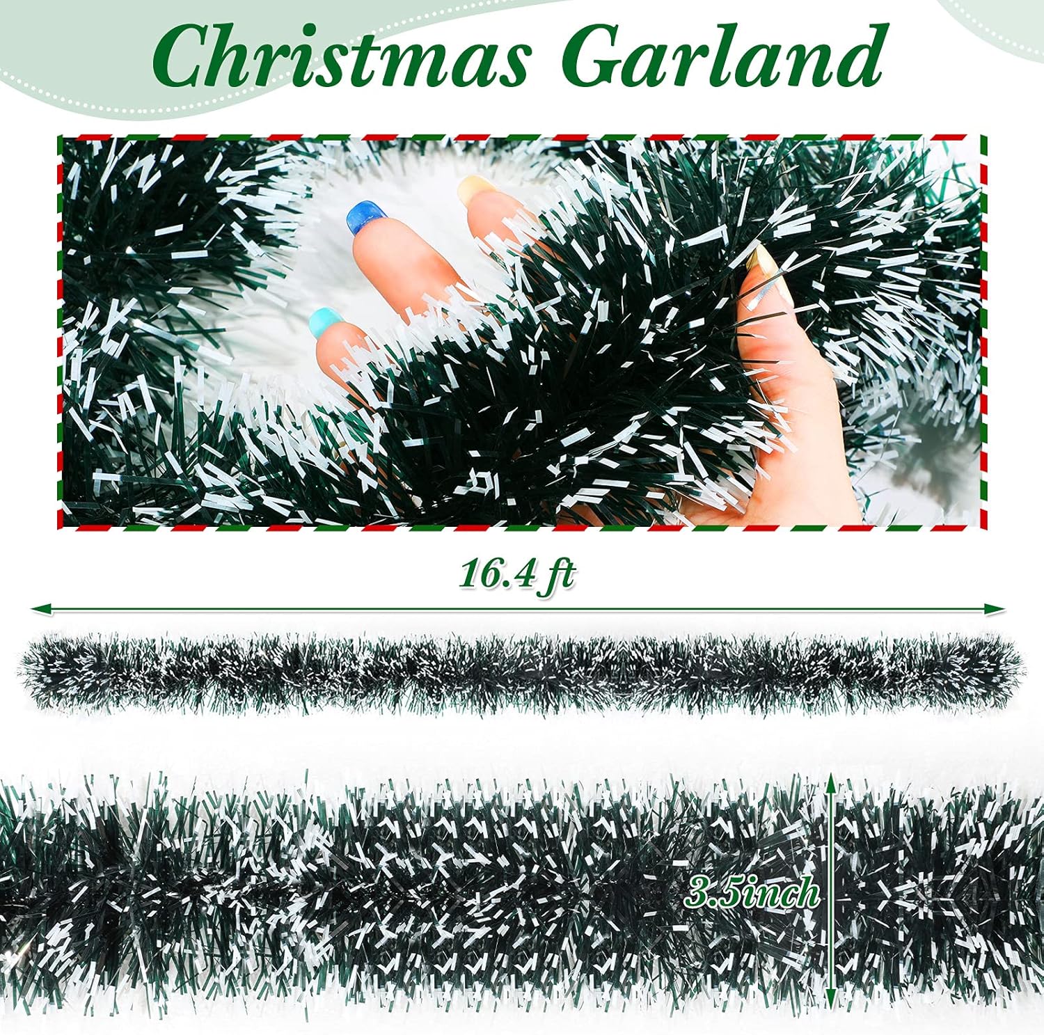 Waydress 2 guirnaldas de oropel verde oscuro para decoración de árbol de Navidad, guirnalda metálica de nieve blanca, serpentinas colgantes para