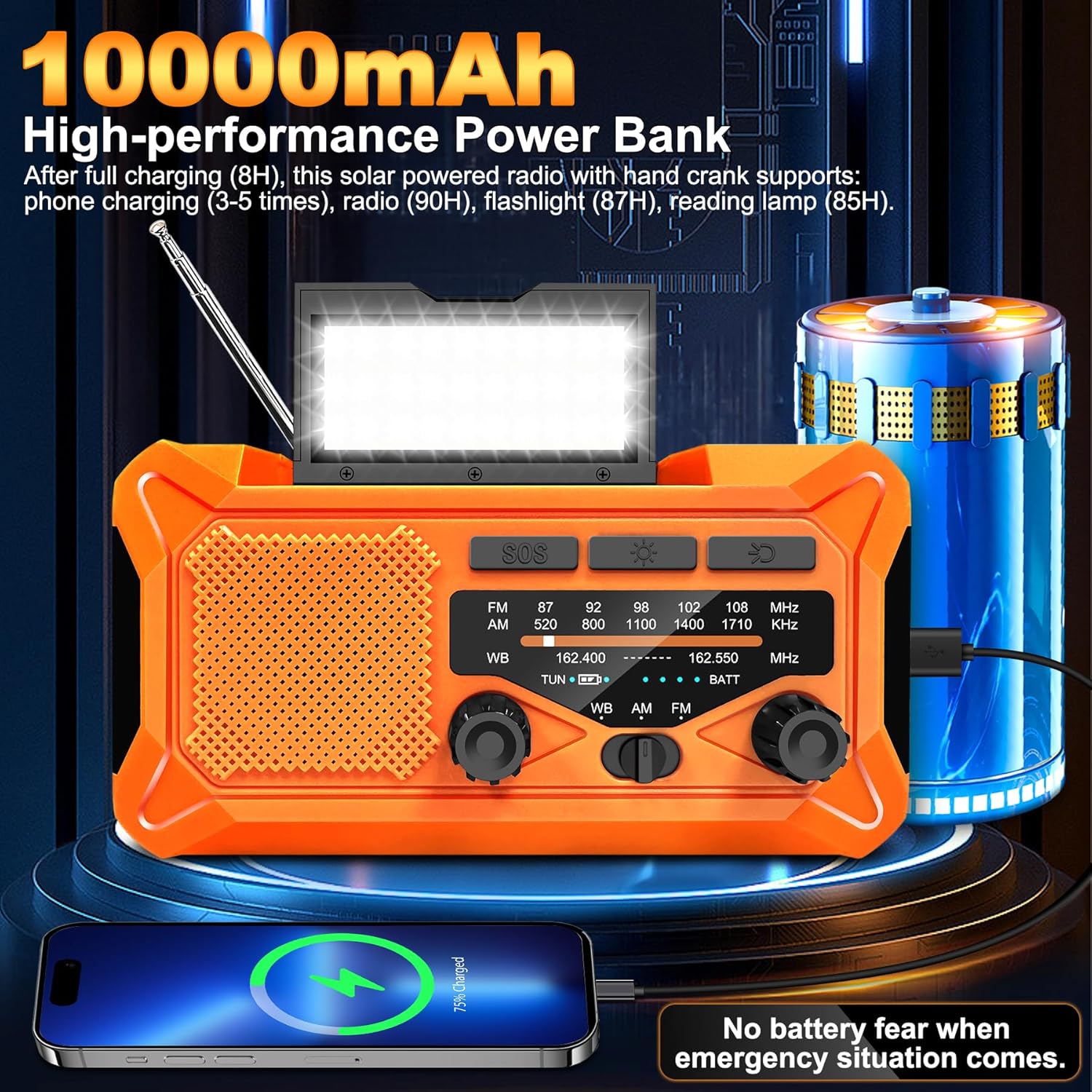 Radio meteorológica de emergencia de 10000 mAh con carga solar, manivela y carga tipo C, radio portátil AMFMNOAA, linterna LED, brújula de lámpara