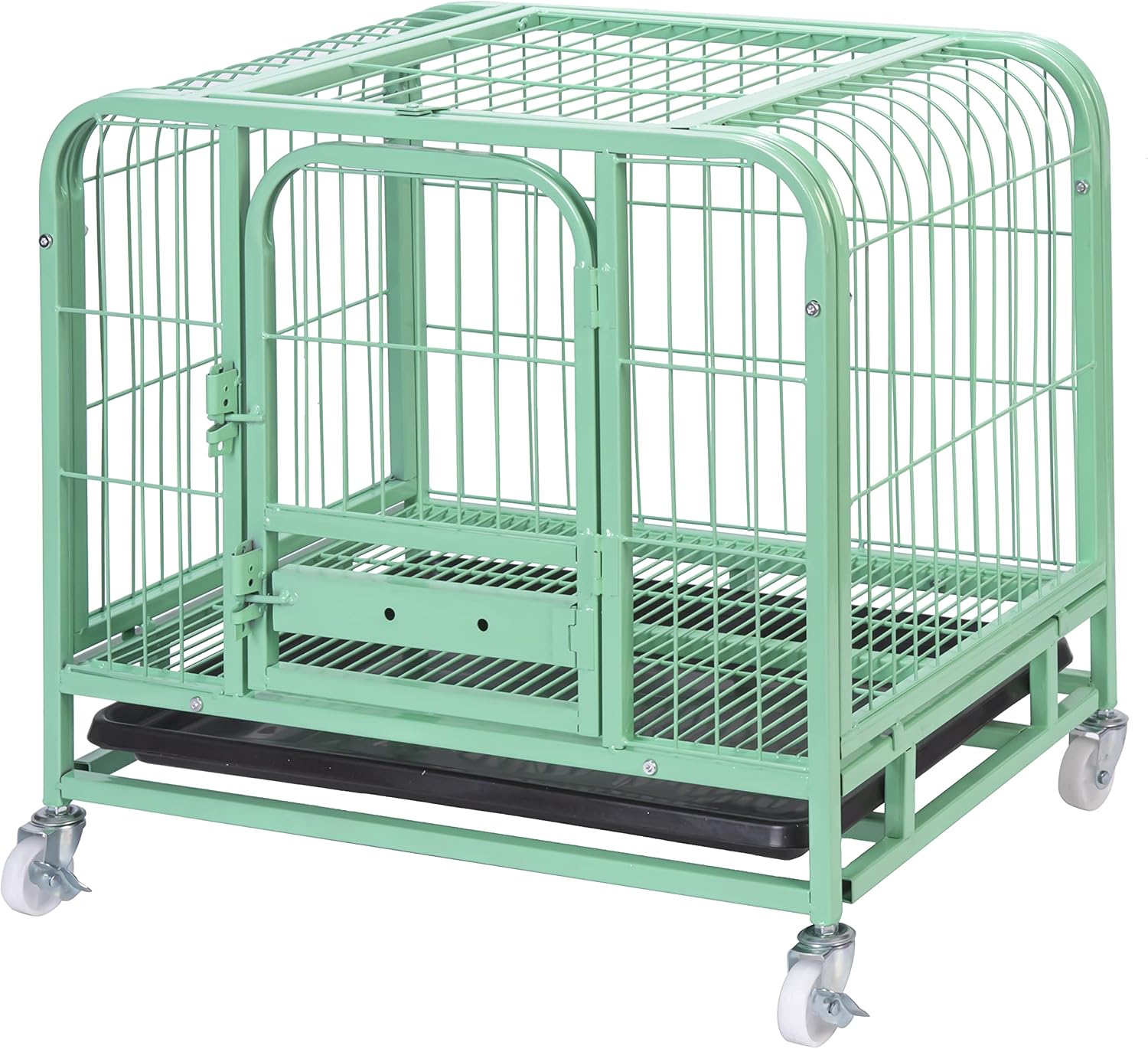 Jaula resistente para perros de metal verde fuerte con ruedas bloqueables y bandeja para perros pequeños de interior, 26 x 17 x 22 pulgadas