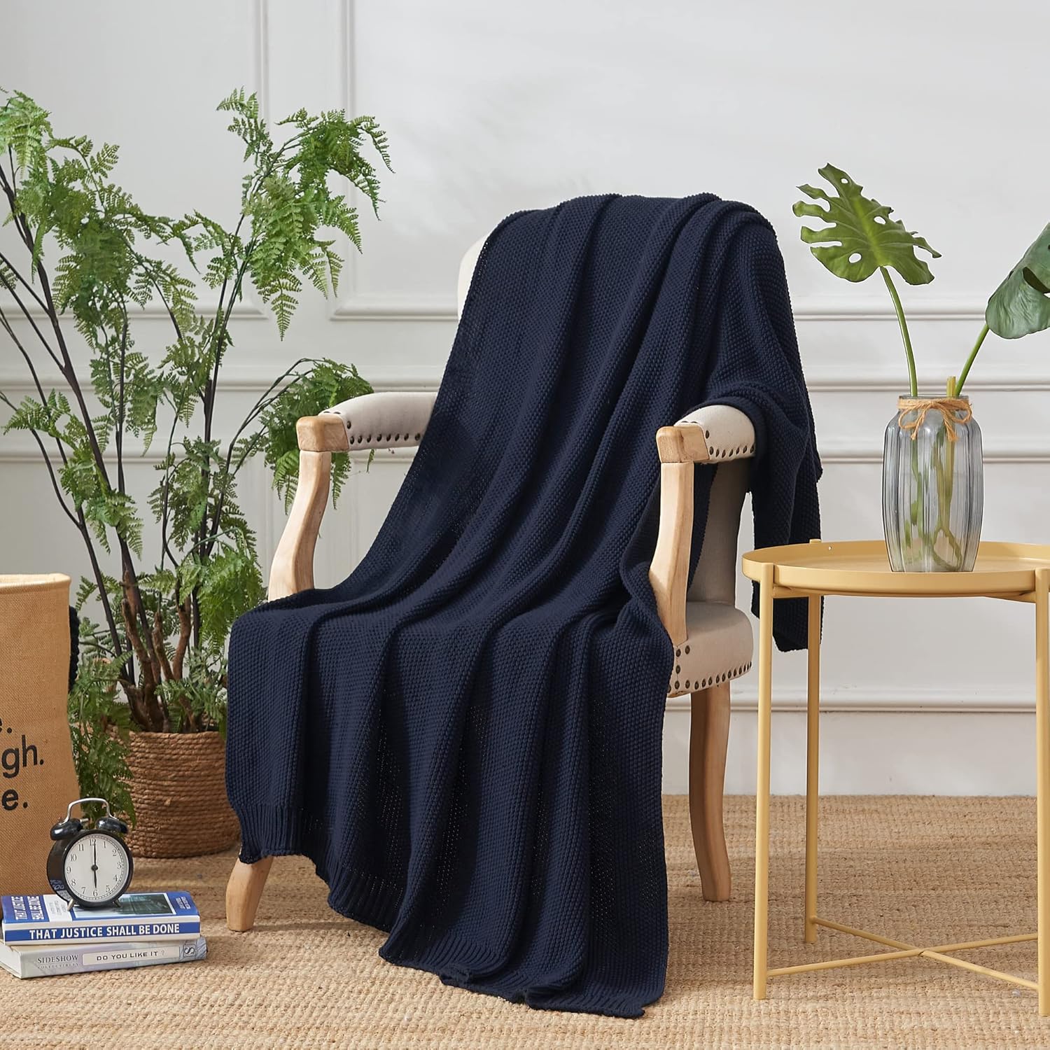 Longhui bedding Manta de punto trenzado de algodón azul marino oscuro para sofá, cama, manta ligera decorativa para el hogar, bolsa de lavado