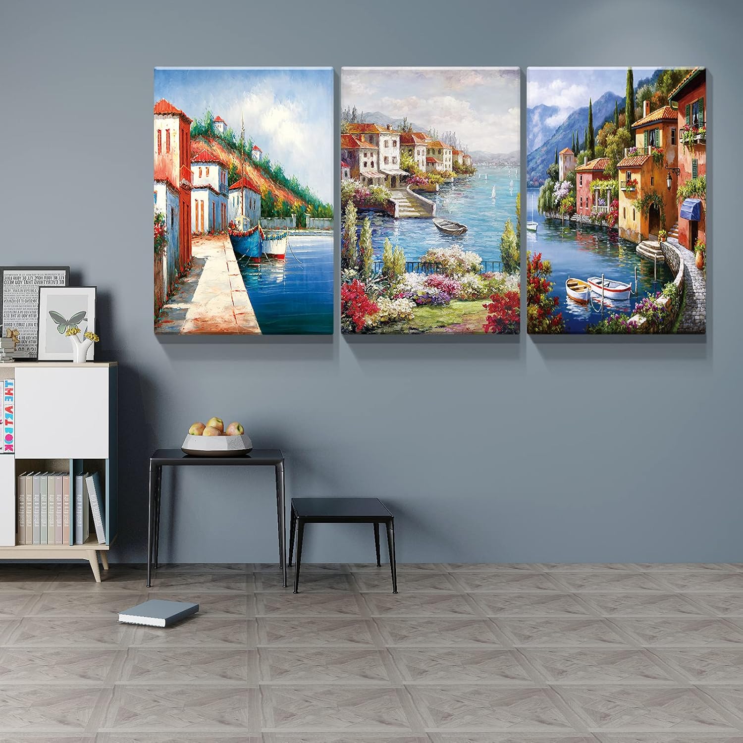 Denozer – Lienzo decorativo para pared de 3 piezas – Lienzo de ciudad europea, arte de pared con flores costeras, jardín, pintura de reproducción