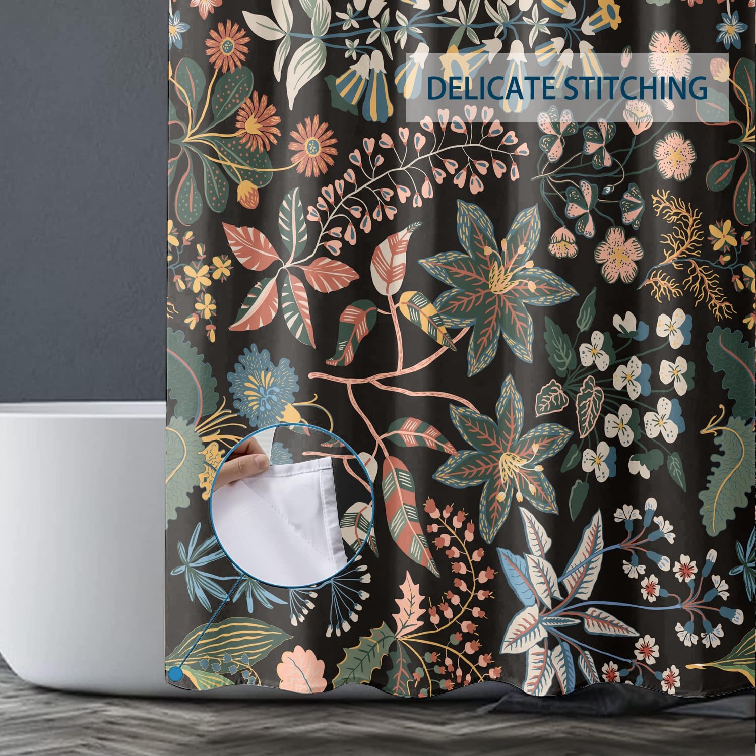 Cortina de ducha bohemia con flores silvestres, cortina de ducha impermeable de tela con 12 ganchos, 72 x 72 pulgadas