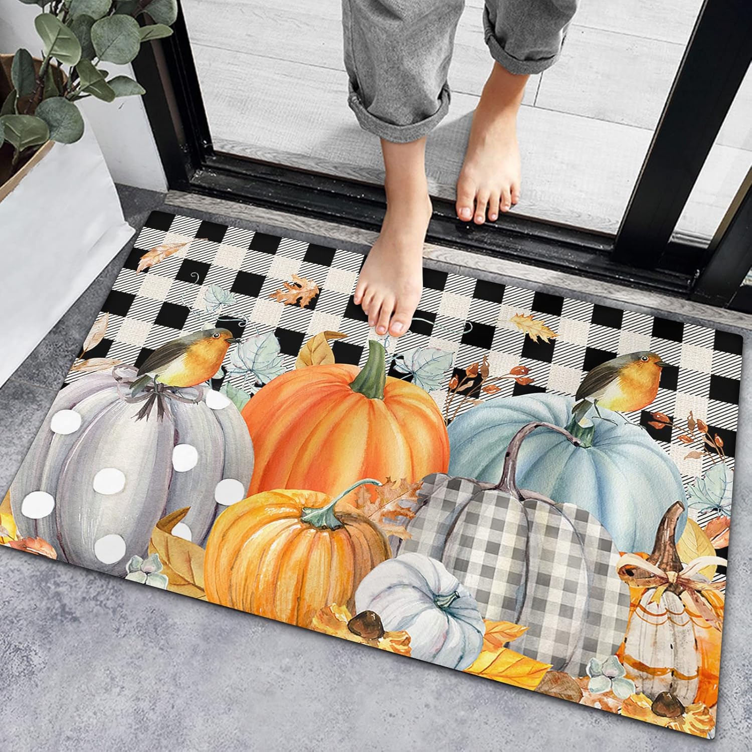 Alfombras de baño antideslizantes para puerta delantera, alfombra de Acción de Gracias, pájaro, calabaza, hoja de arce, alfombras de cocina, tapetes