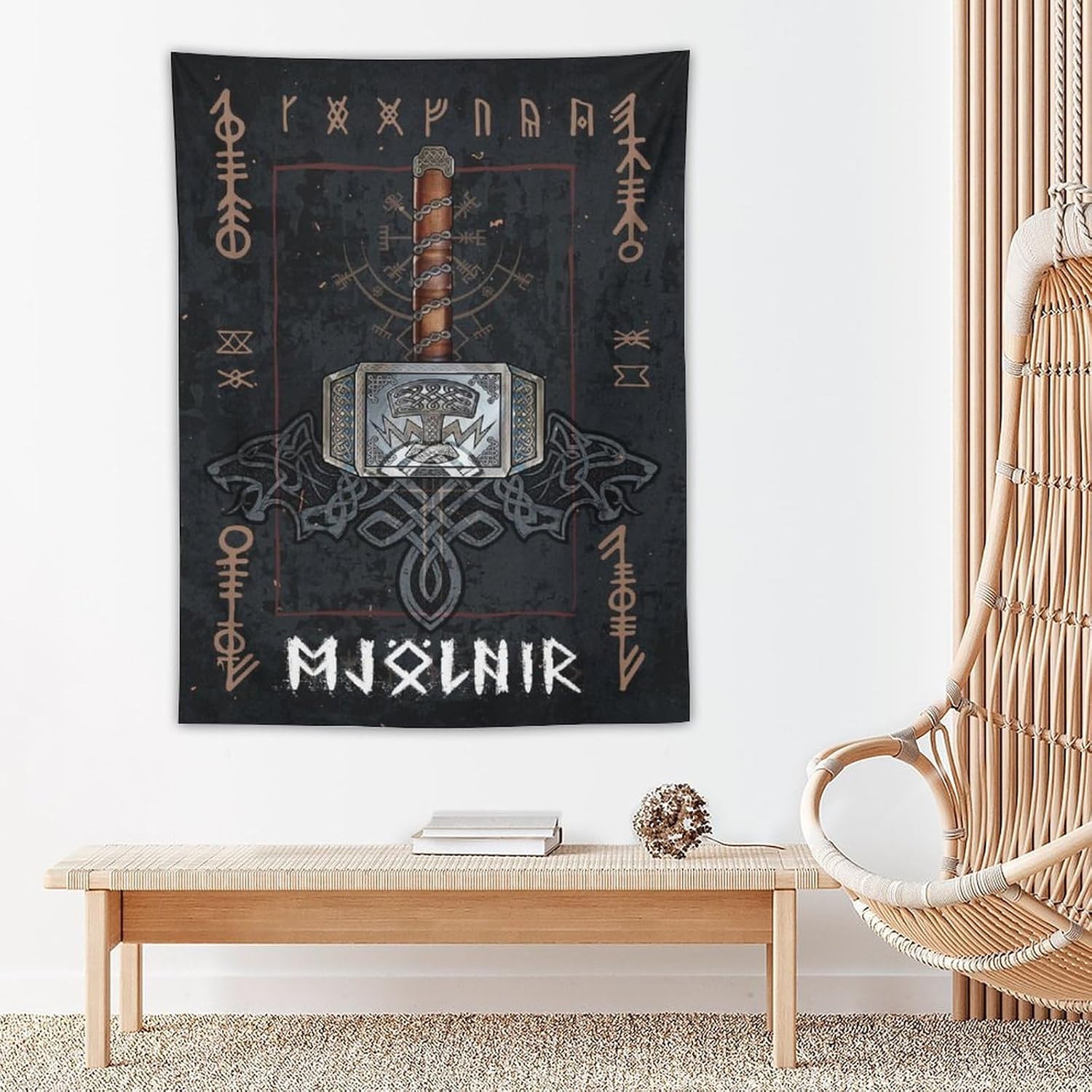 Tapiz de mitología nórdica, tapices de Mjolnir, pintura artística de pared, regalo de sala de estar, impresiones para decoración de dormitorio,