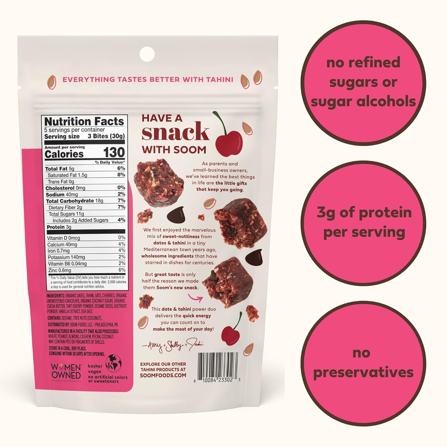 Soom Foods Tahini – Bocadillos de chocolate con cereza y dátiles, paquete de 3 (100% natural  Bocadillo o postre energético saludable  Sin azúcar