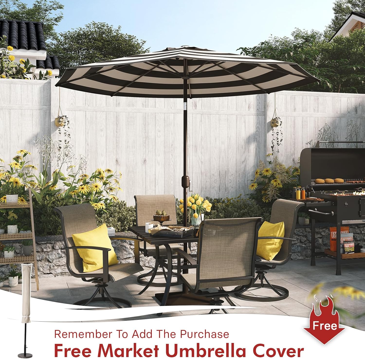 Grand patio Sombrilla de aluminio mejorada de 9 pies para patio, con protección UV, con manivela automática y botón de inclinación, color blanco y