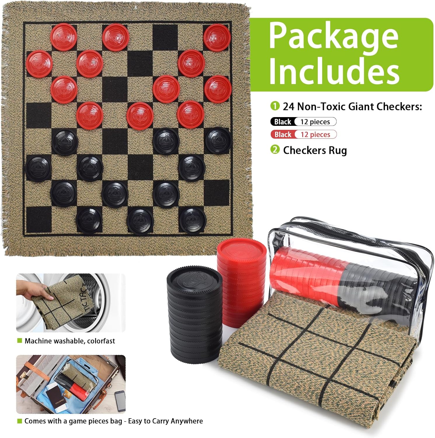 Juego de damas gigantes  Tablero de juego de Tic Tac Toe 3 en 1 para adultos y niños con 24 piezas a cuadros alfombra reversible  Juegos para