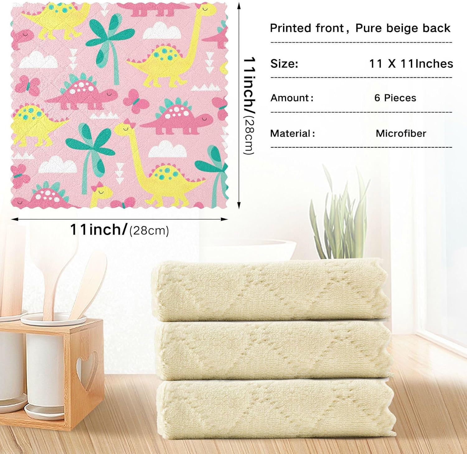 FRODOTGV Pink Dinosaur Kawaii Quality Decor Towels for Drying Dishes Fast Drying Set of 6 Microfiber Drying Towel Kitchen for Bathroom Oven